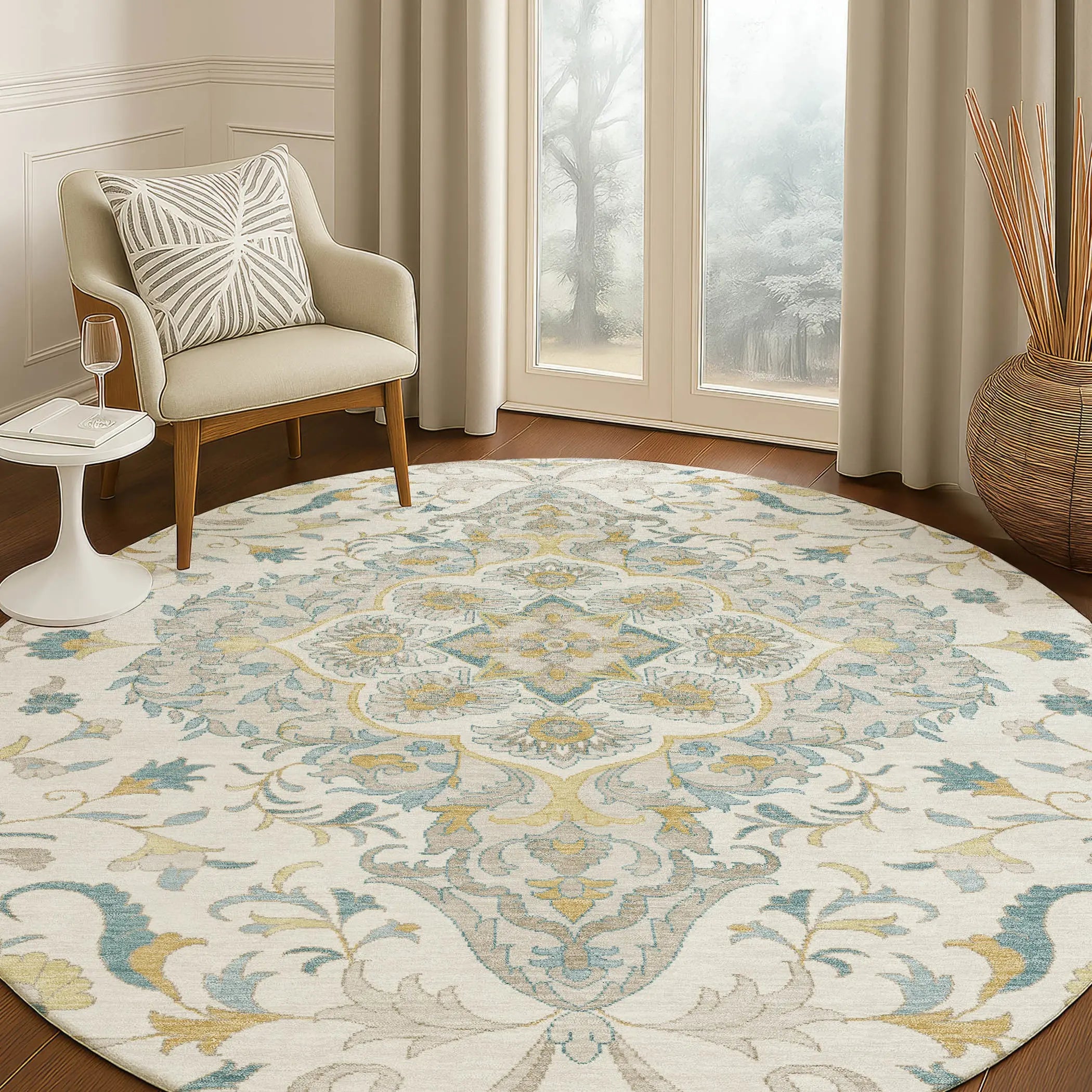 8' Ivory And Taupe Round Medallion Washable Indoor Outdoor Area Rug Homeroots Outdoor