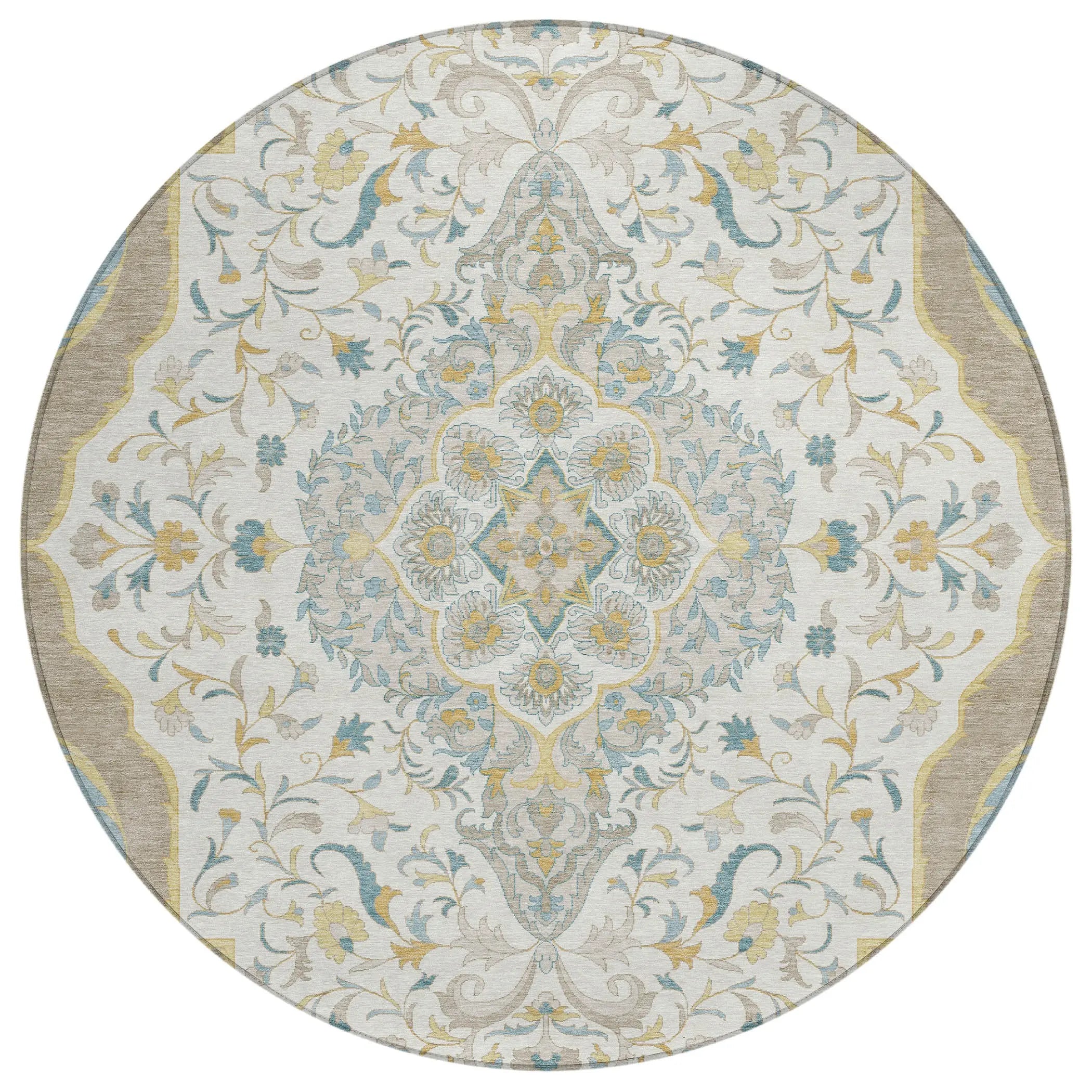 8' Ivory And Taupe Round Medallion Washable Indoor Outdoor Area Rug Homeroots Outdoor