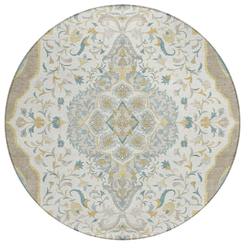 8' Ivory And Taupe Round Medallion Washable Indoor Outdoor Area Rug Homeroots Outdoor