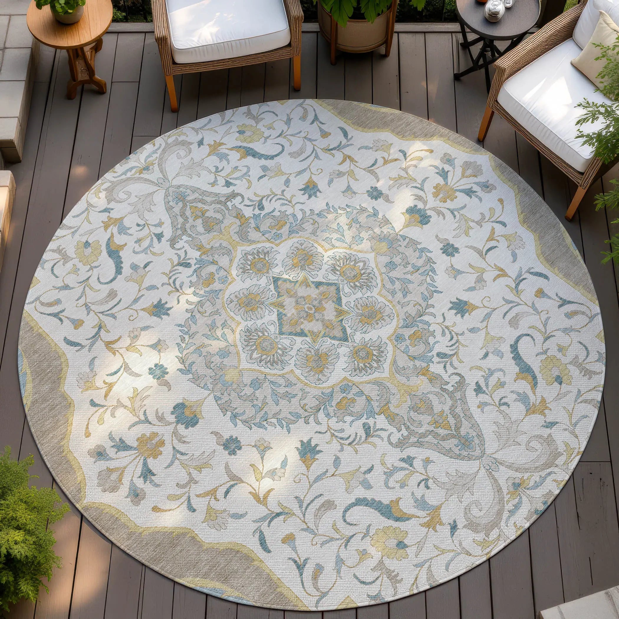 8' Ivory And Taupe Round Medallion Washable Indoor Outdoor Area Rug Homeroots Outdoor