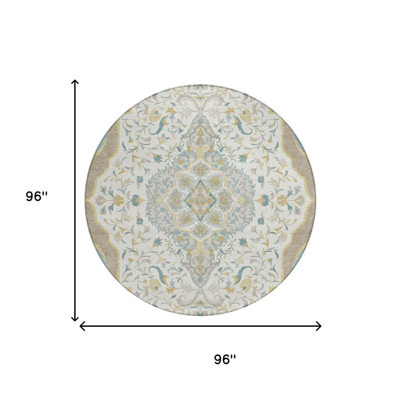 8' Ivory And Taupe Round Medallion Washable Indoor Outdoor Area Rug Homeroots Outdoor