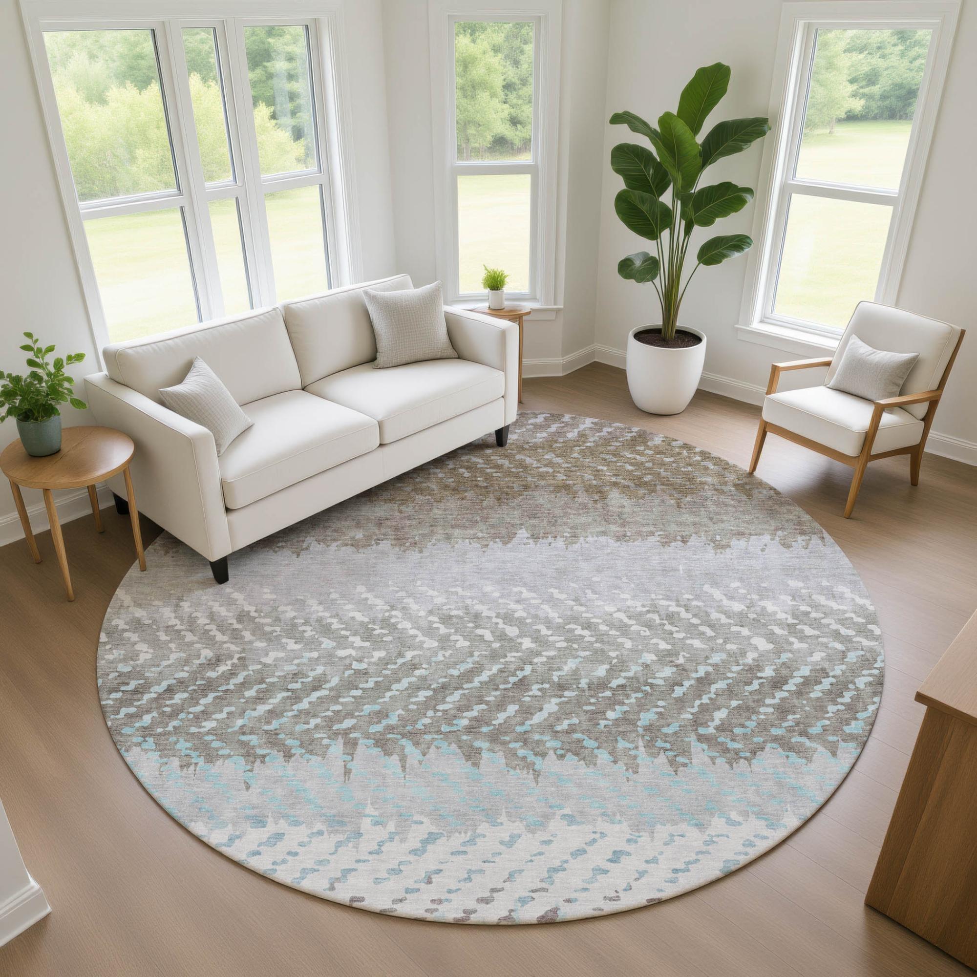 8' Ivory And Taupe Round Striped Washable Indoor Outdoor Area Rug Homeroots Outdoor