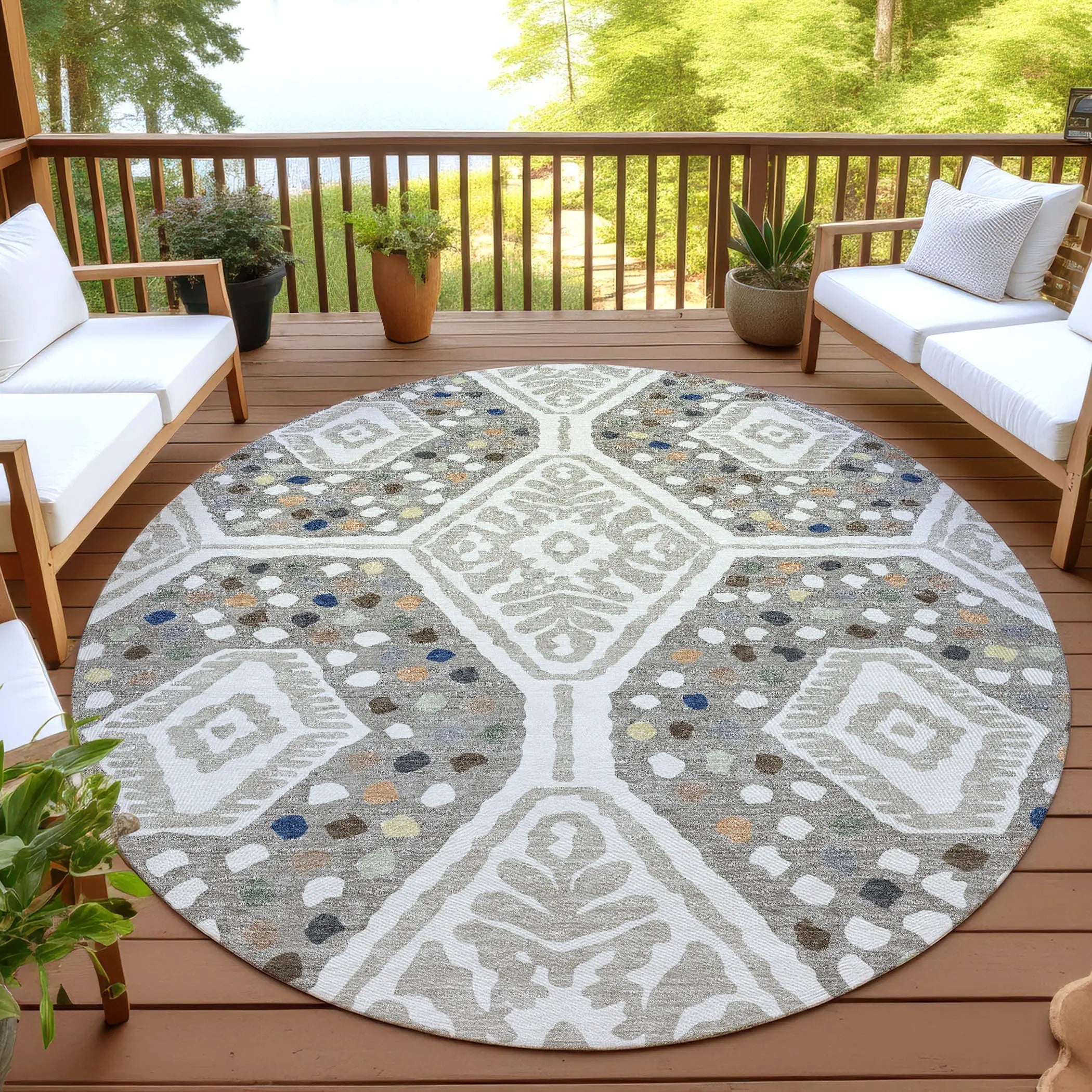 8' Ivory And Taupe Round Tribal Washable Indoor Outdoor Area Rug Homeroots Outdoor