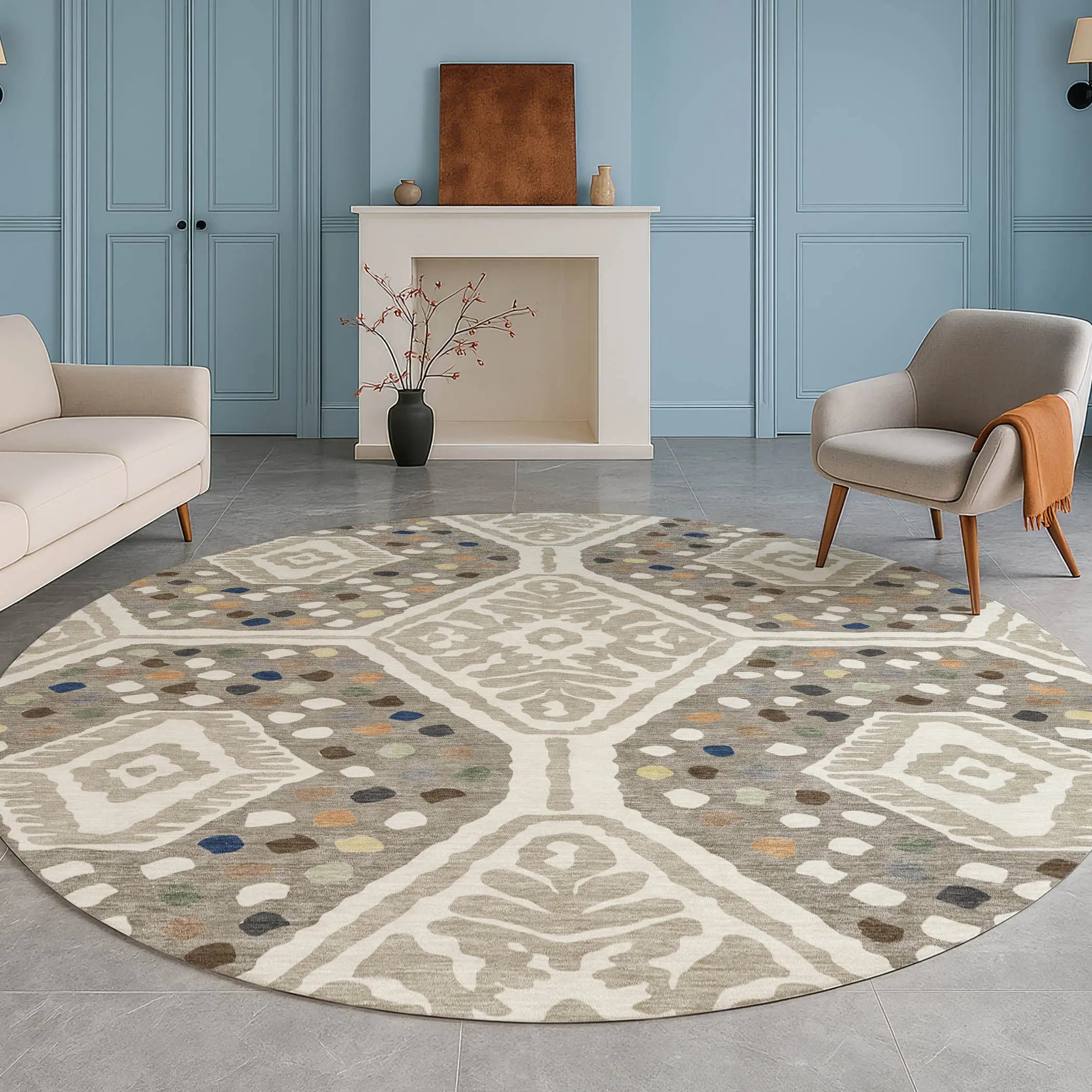 8' Ivory And Taupe Round Tribal Washable Indoor Outdoor Area Rug Homeroots Outdoor