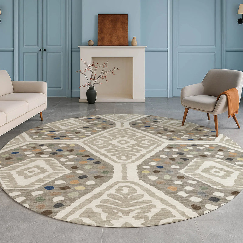 8' Ivory And Taupe Round Tribal Washable Indoor Outdoor Area Rug Homeroots Outdoor