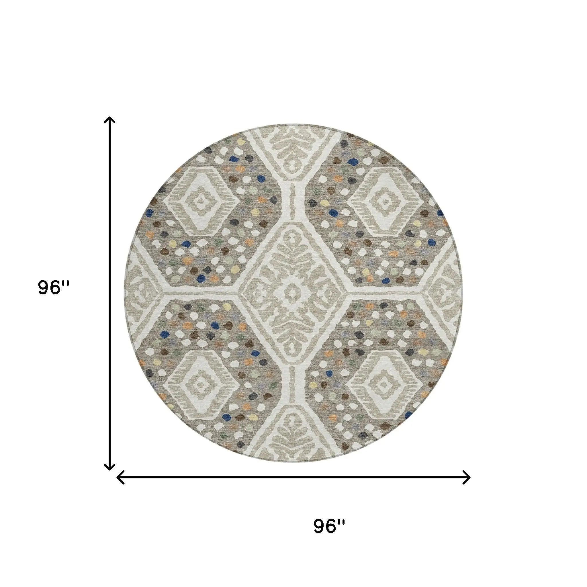8' Ivory And Taupe Round Tribal Washable Indoor Outdoor Area Rug Homeroots Outdoor