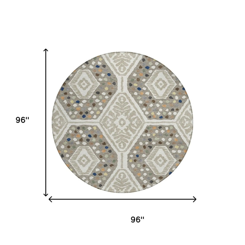 8' Ivory And Taupe Round Tribal Washable Indoor Outdoor Area Rug Homeroots Outdoor
