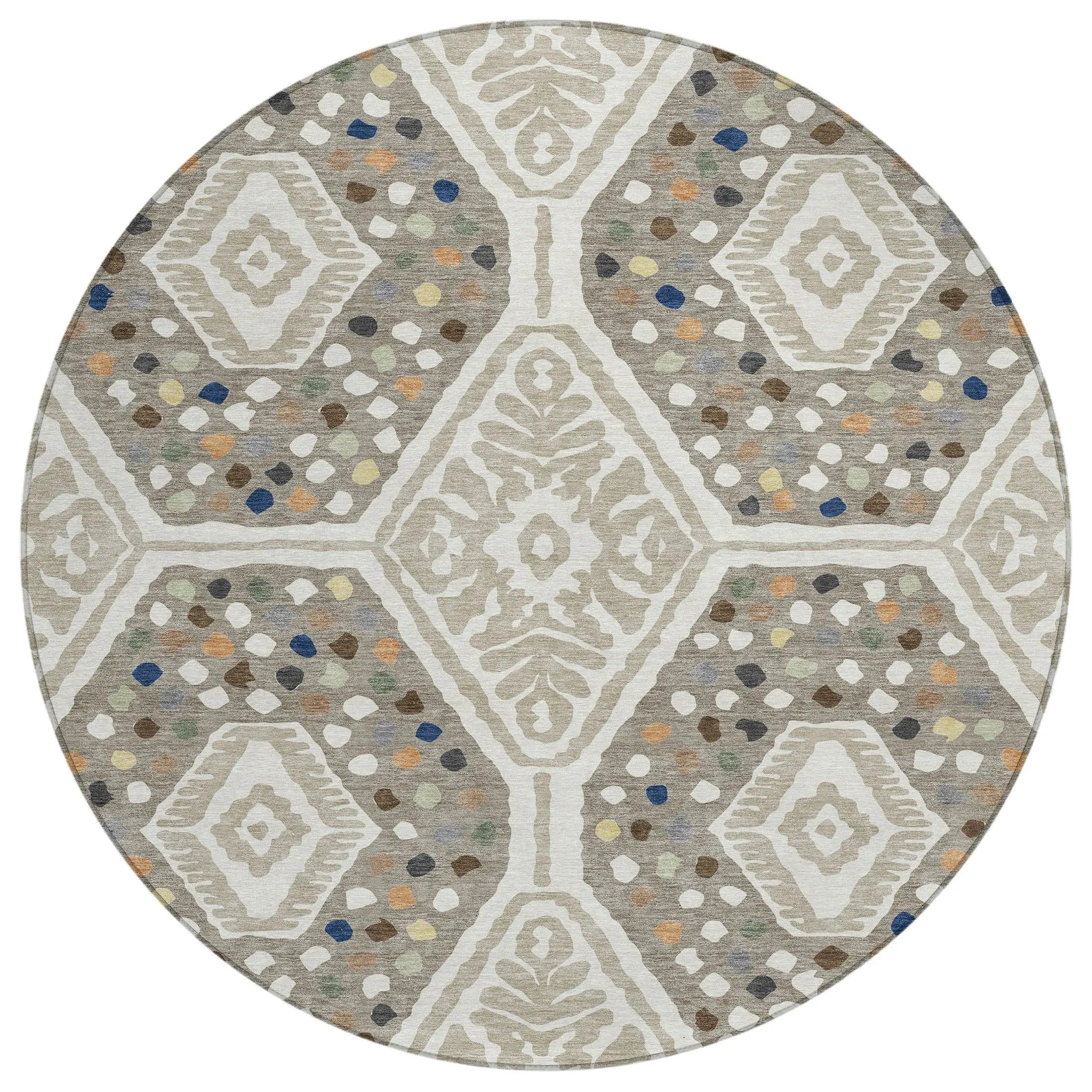 8' Ivory And Taupe Round Tribal Washable Indoor Outdoor Area Rug Homeroots Outdoor