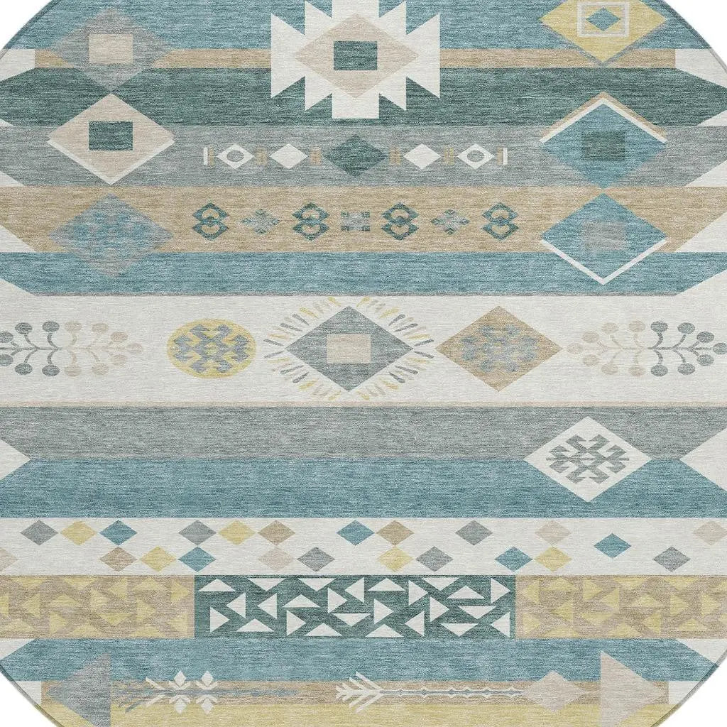 8' Ivory And Teal Blue Round Geometric Washable Indoor Outdoor Area Rug Homeroots Outdoor