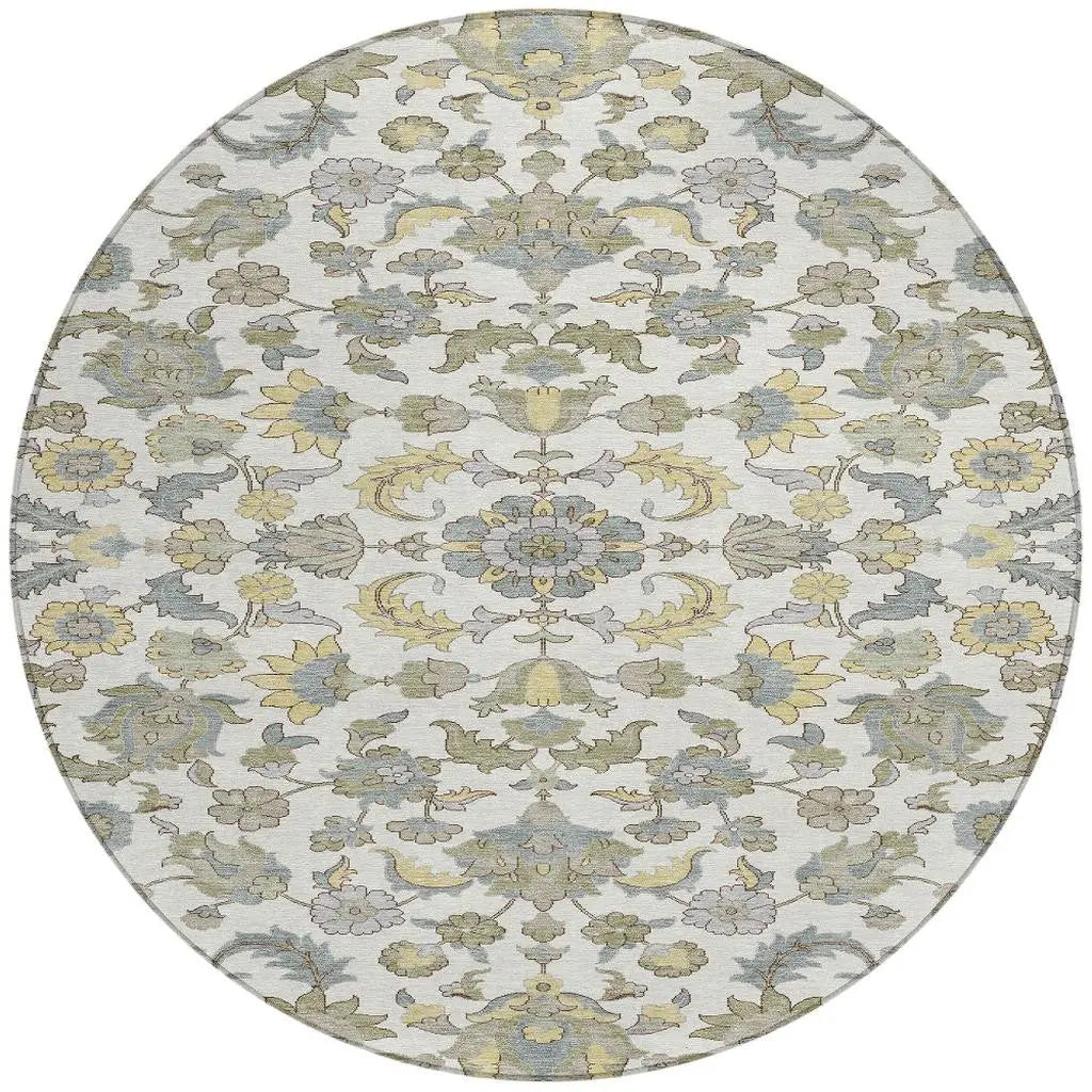 8' Ivory And Wheat Round Floral Medallion Washable Indoor Outdoor Area Rug Homeroots Outdoor