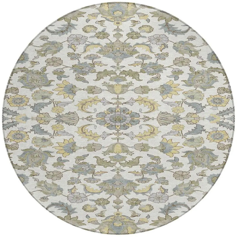 8' Ivory And Wheat Round Floral Medallion Washable Indoor Outdoor Area Rug Homeroots Outdoor