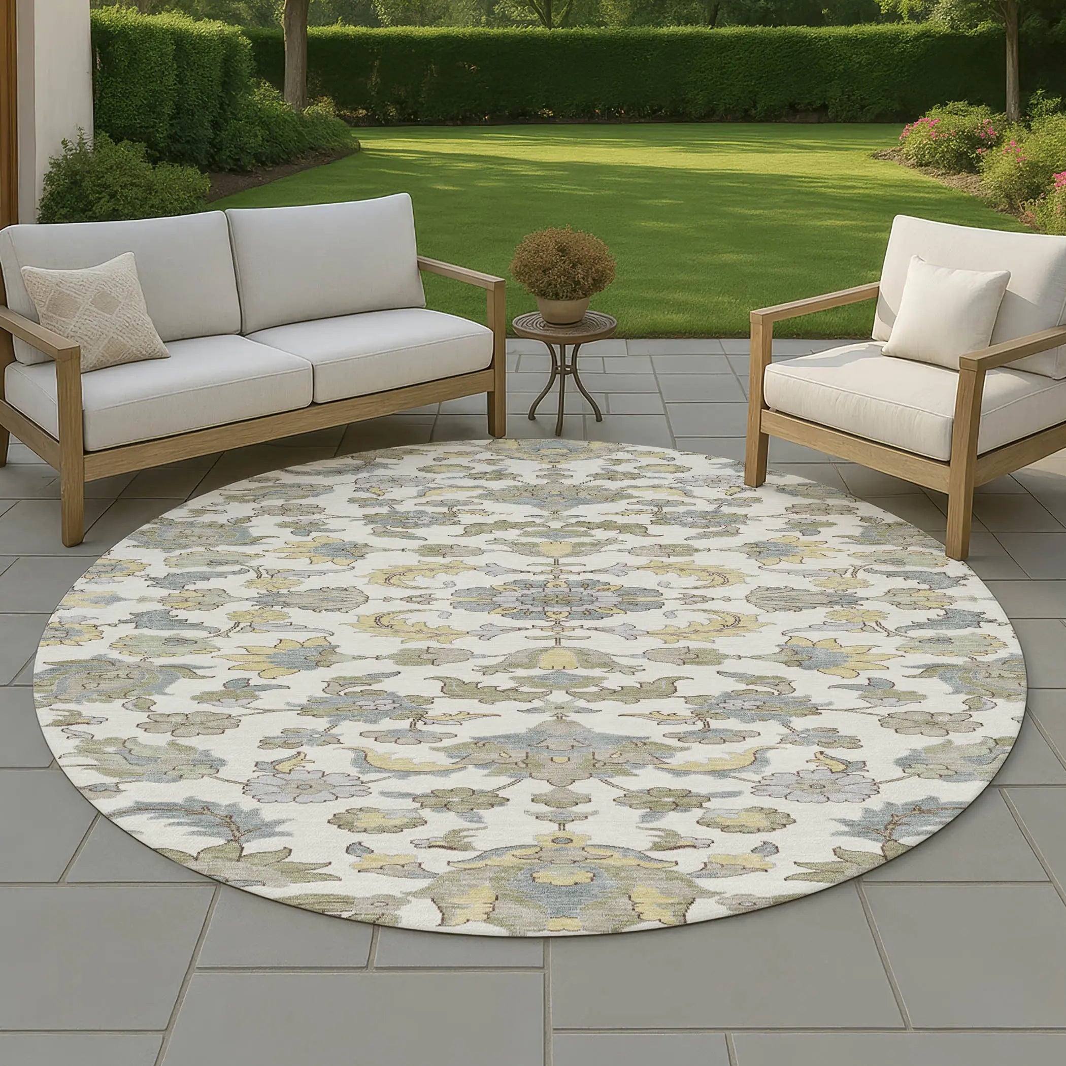 8' Ivory And Wheat Round Floral Medallion Washable Indoor Outdoor Area Rug Homeroots Outdoor