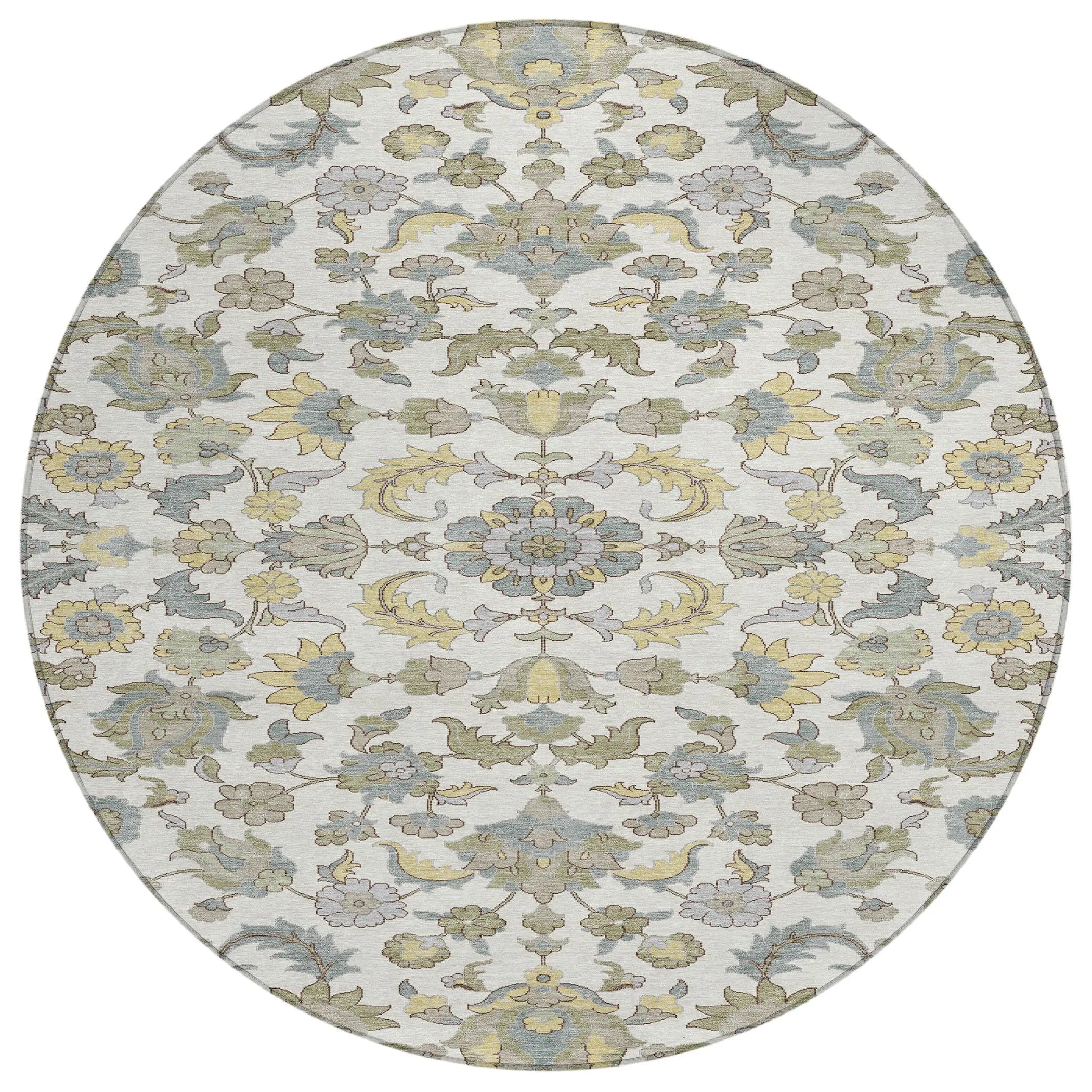 8' Ivory And Wheat Round Floral Medallion Washable Indoor Outdoor Area Rug Homeroots Outdoor
