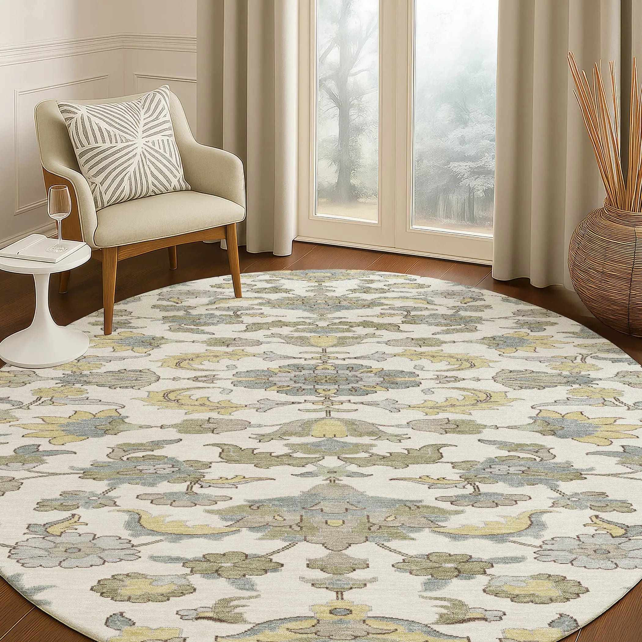 8' Ivory And Wheat Round Floral Medallion Washable Indoor Outdoor Area Rug Homeroots Outdoor