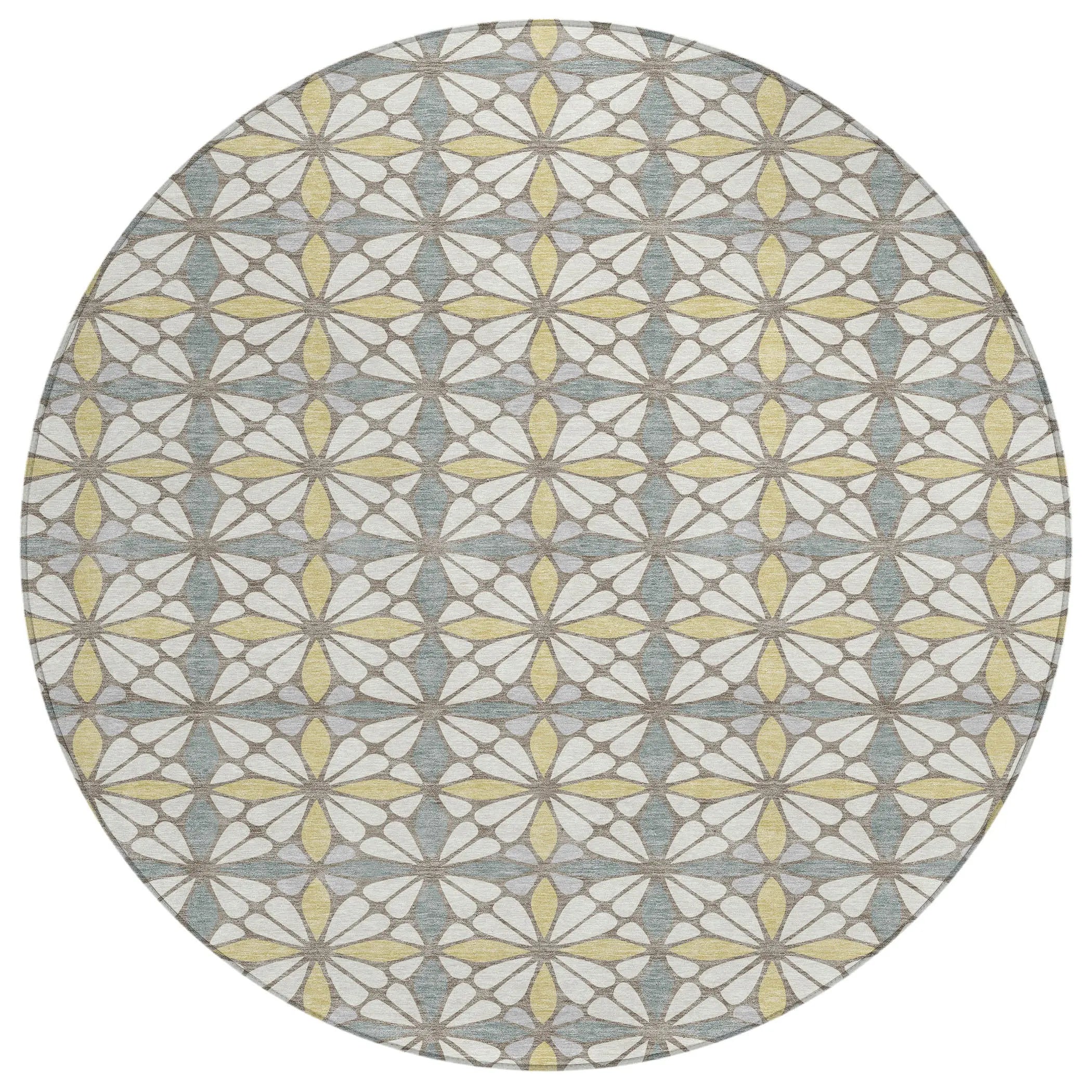 8' Ivory And Wheat Round Geometric Washable Indoor Outdoor Area Rug Homeroots Outdoor