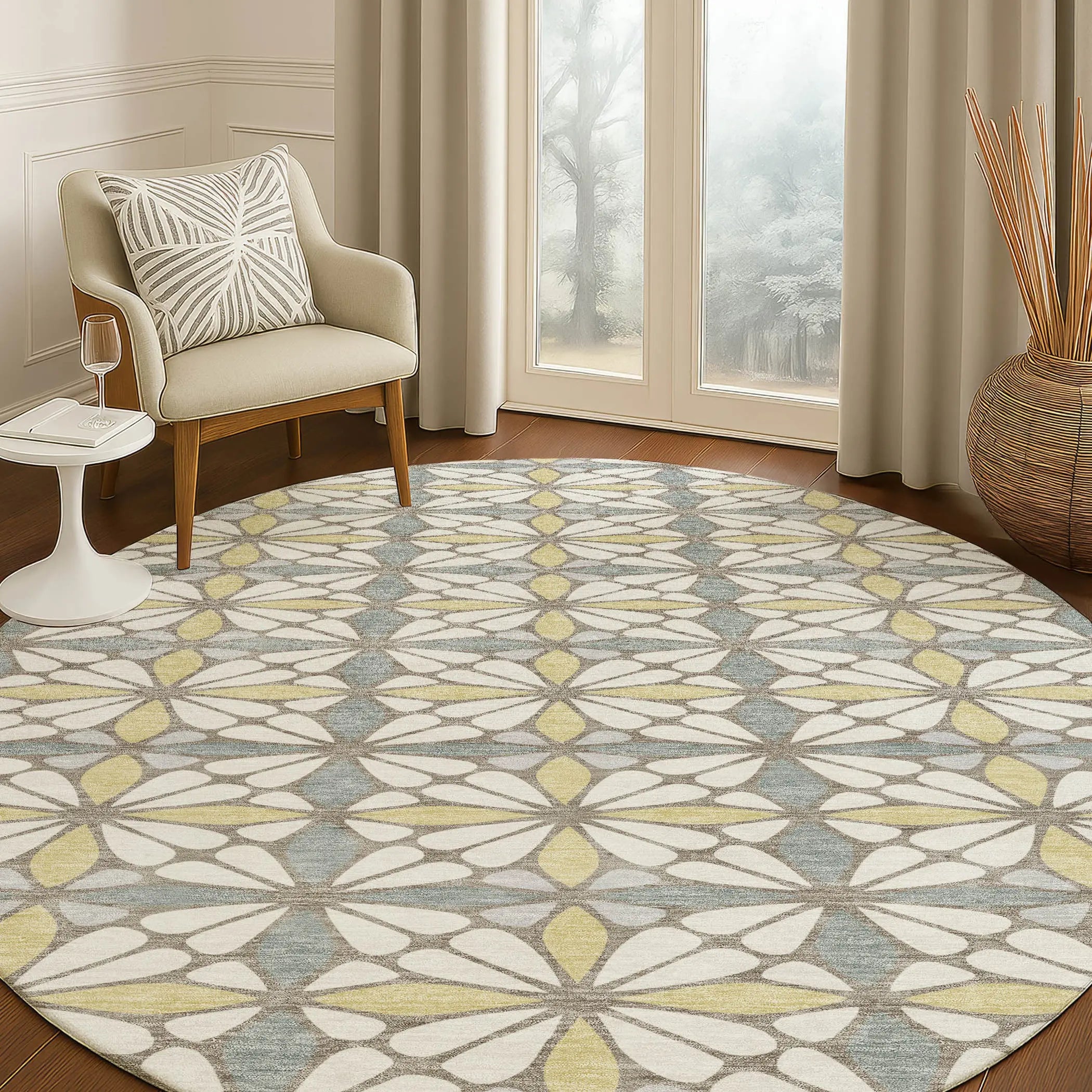 8' Ivory And Wheat Round Geometric Washable Indoor Outdoor Area Rug Homeroots Outdoor