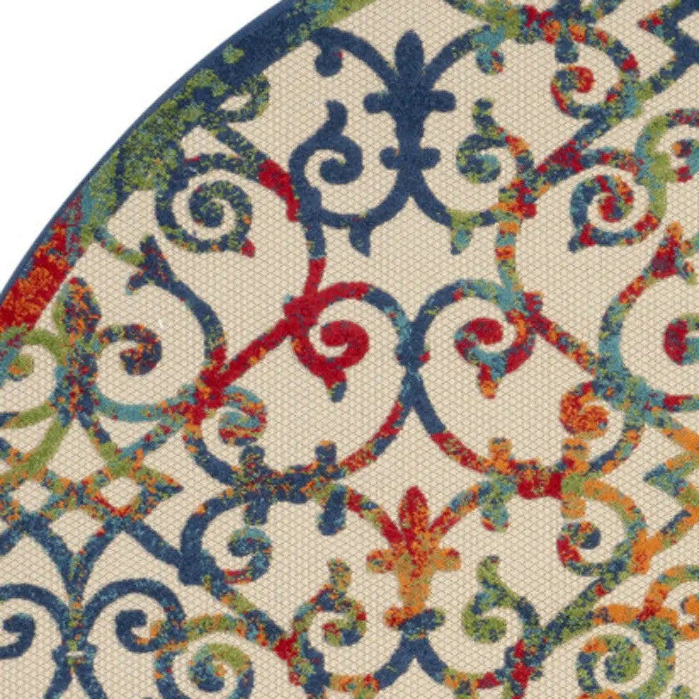 8' Ivory Blue Orange And Green Round Trellis Indoor Outdoor Area Rug Homeroots Outdoor
