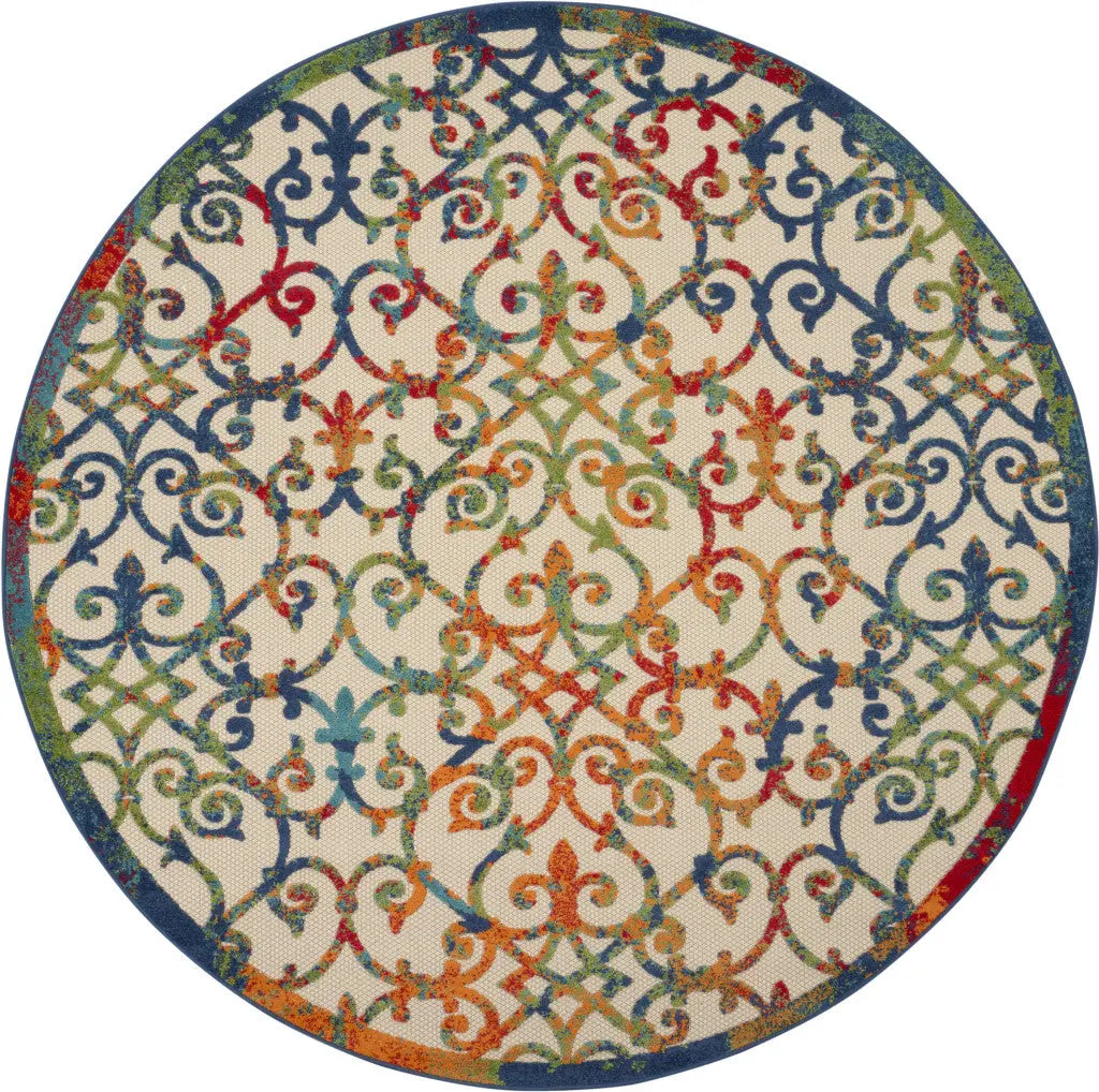 8' Ivory Blue Orange And Green Round Trellis Indoor Outdoor Area Rug Homeroots Outdoor