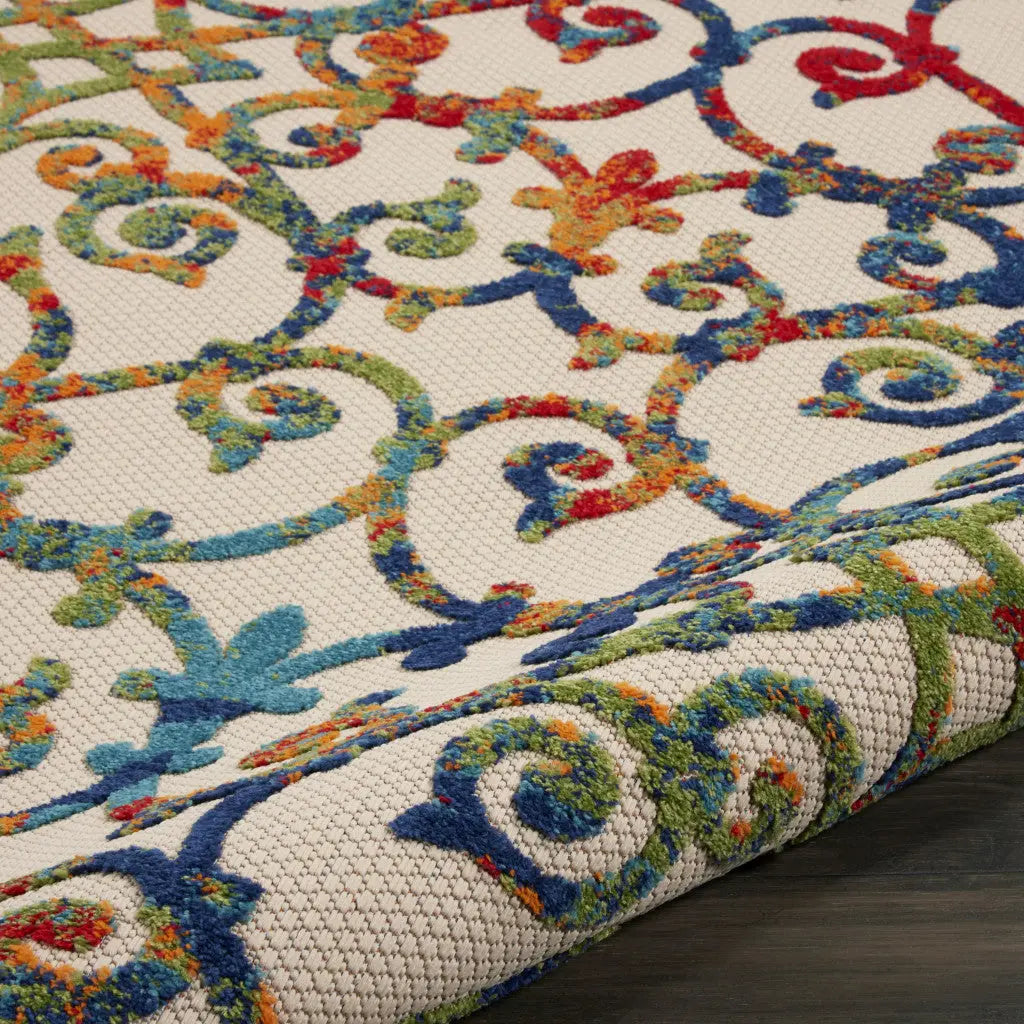 8' Ivory Blue Orange And Green Round Trellis Indoor Outdoor Area Rug Homeroots Outdoor