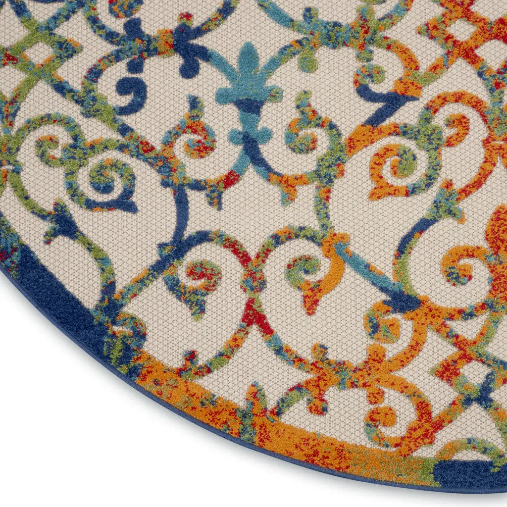 8' Ivory Blue Orange And Green Round Trellis Indoor Outdoor Area Rug Homeroots Outdoor