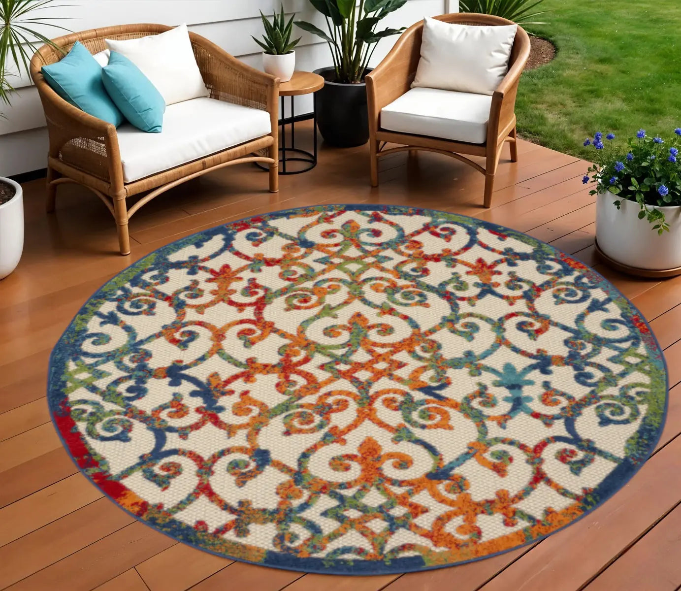 8' Ivory Blue Orange And Green Round Trellis Indoor Outdoor Area Rug Homeroots Outdoor