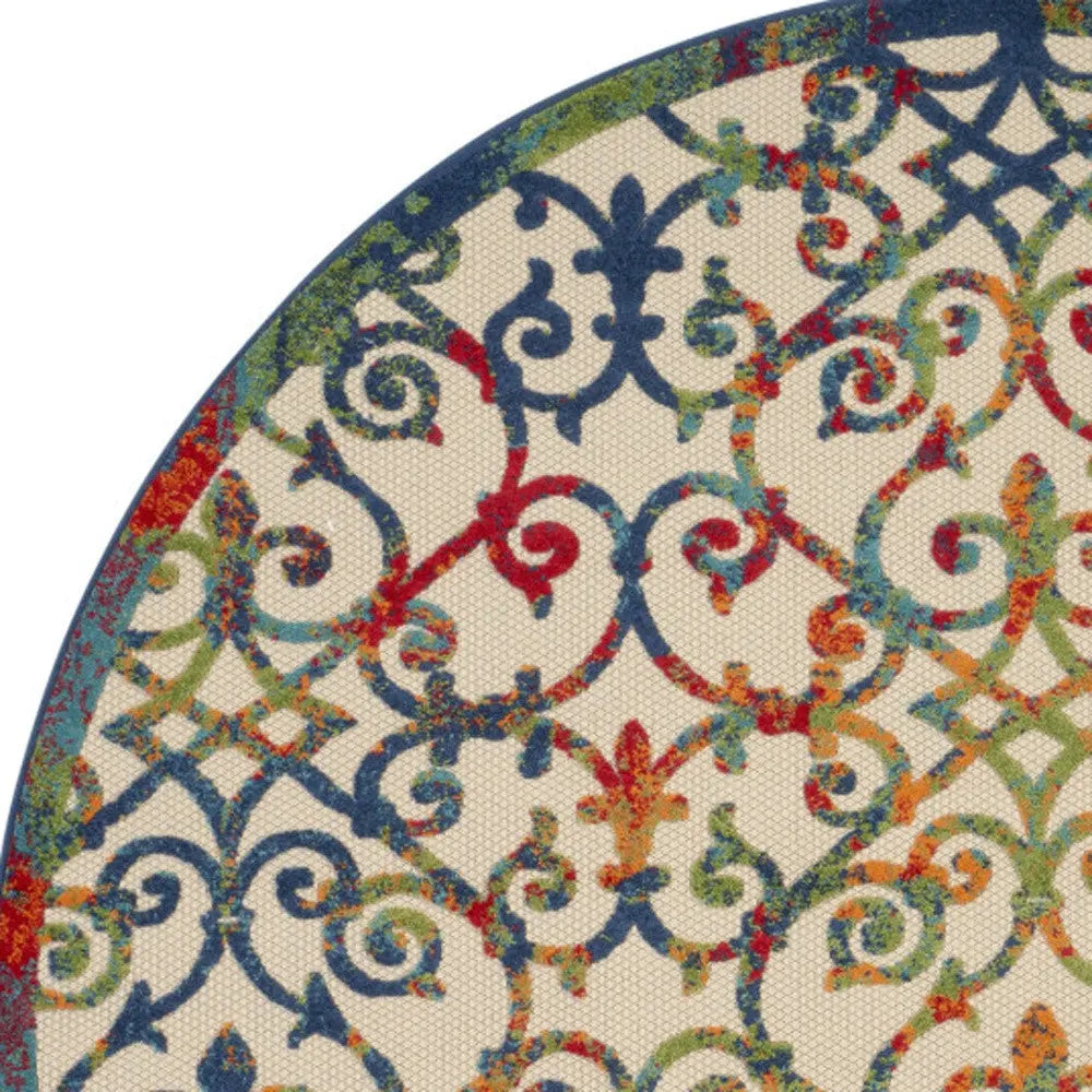 8' Ivory Blue Orange And Green Round Trellis Indoor Outdoor Area Rug Homeroots Outdoor