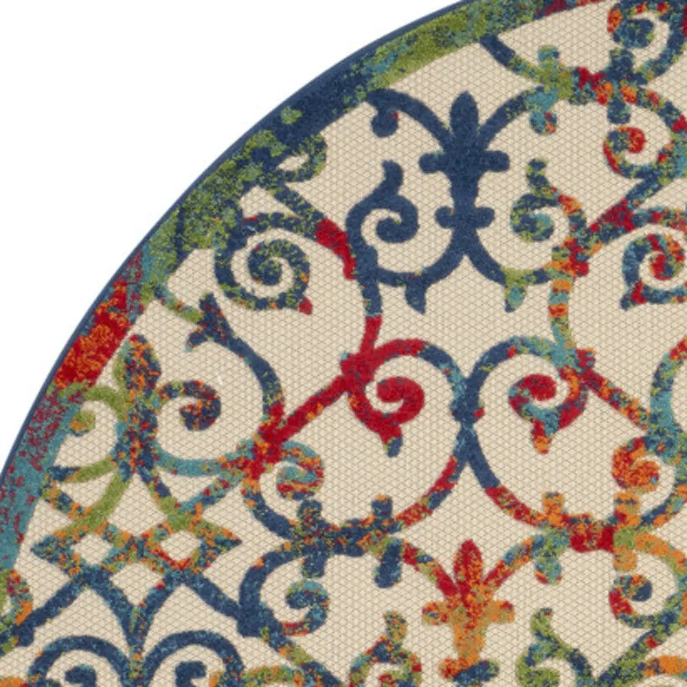 8' Ivory Blue Orange And Green Round Trellis Indoor Outdoor Area Rug Homeroots Outdoor