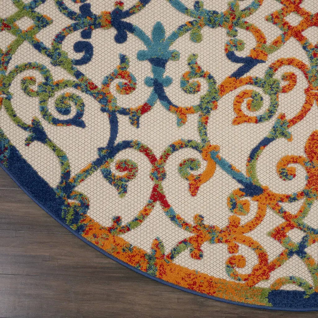 8' Ivory Blue Orange And Green Round Trellis Indoor Outdoor Area Rug Homeroots Outdoor