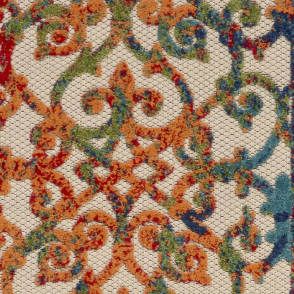 8' Ivory Blue Orange And Green Trellis Indoor Outdoor Runner Rug Homeroots Outdoor