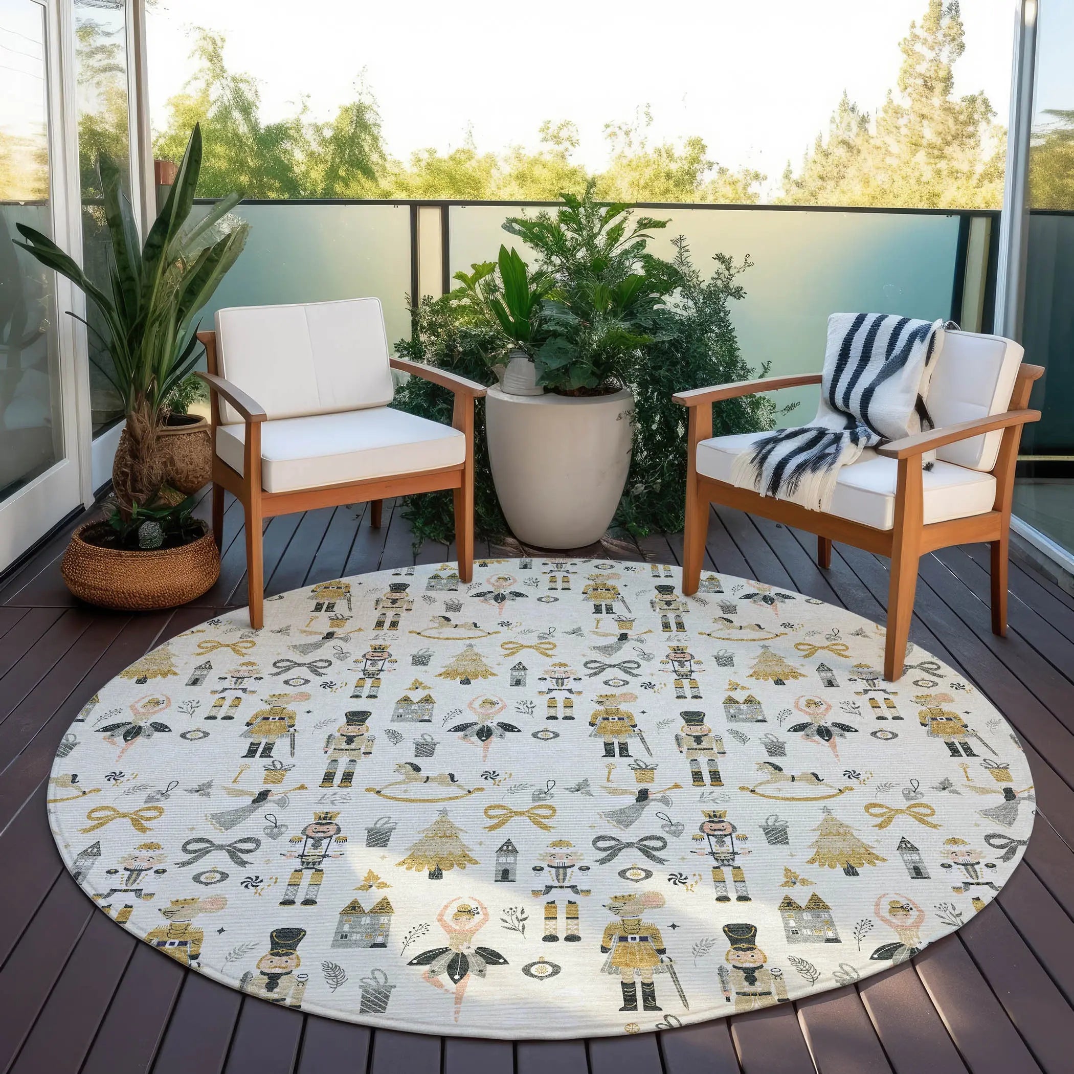 8' Ivory Gold Black And Gray Round Village House Washable Indoor Outdoor Area Rug Homeroots Outdoor