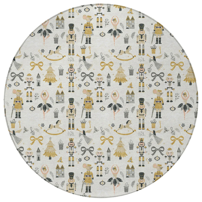 8' Ivory Gold Black And Gray Round Village House Washable Indoor Outdoor Area Rug Homeroots Outdoor