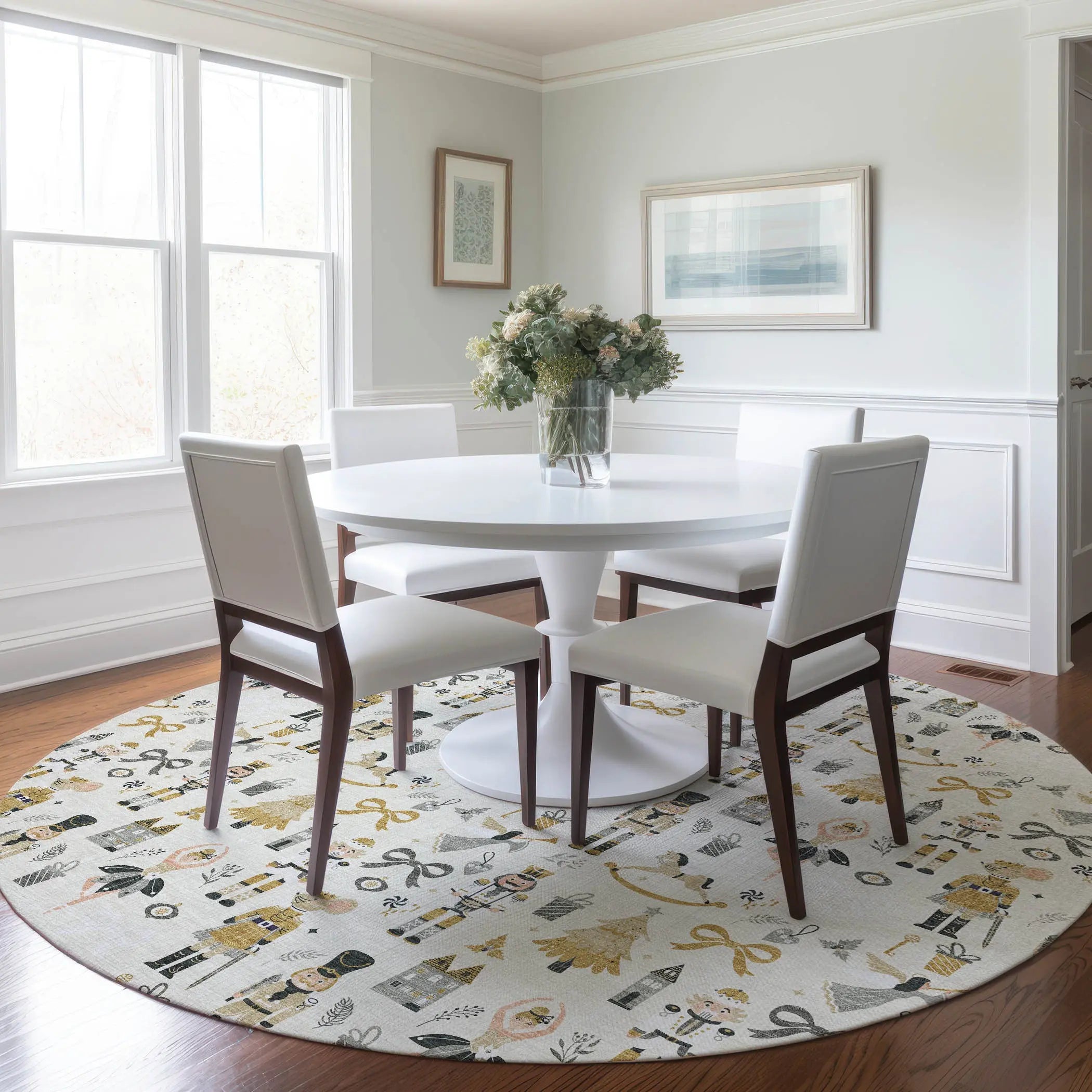8' Ivory Gold Black And Gray Round Village House Washable Indoor Outdoor Area Rug Homeroots Outdoor