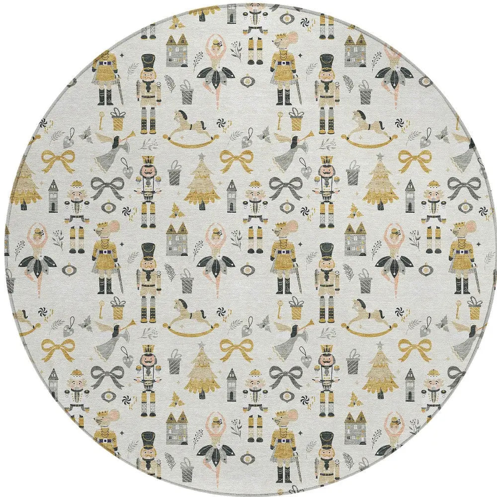 8' Ivory Gold Black And Gray Round Village House Washable Indoor Outdoor Area Rug Homeroots Outdoor