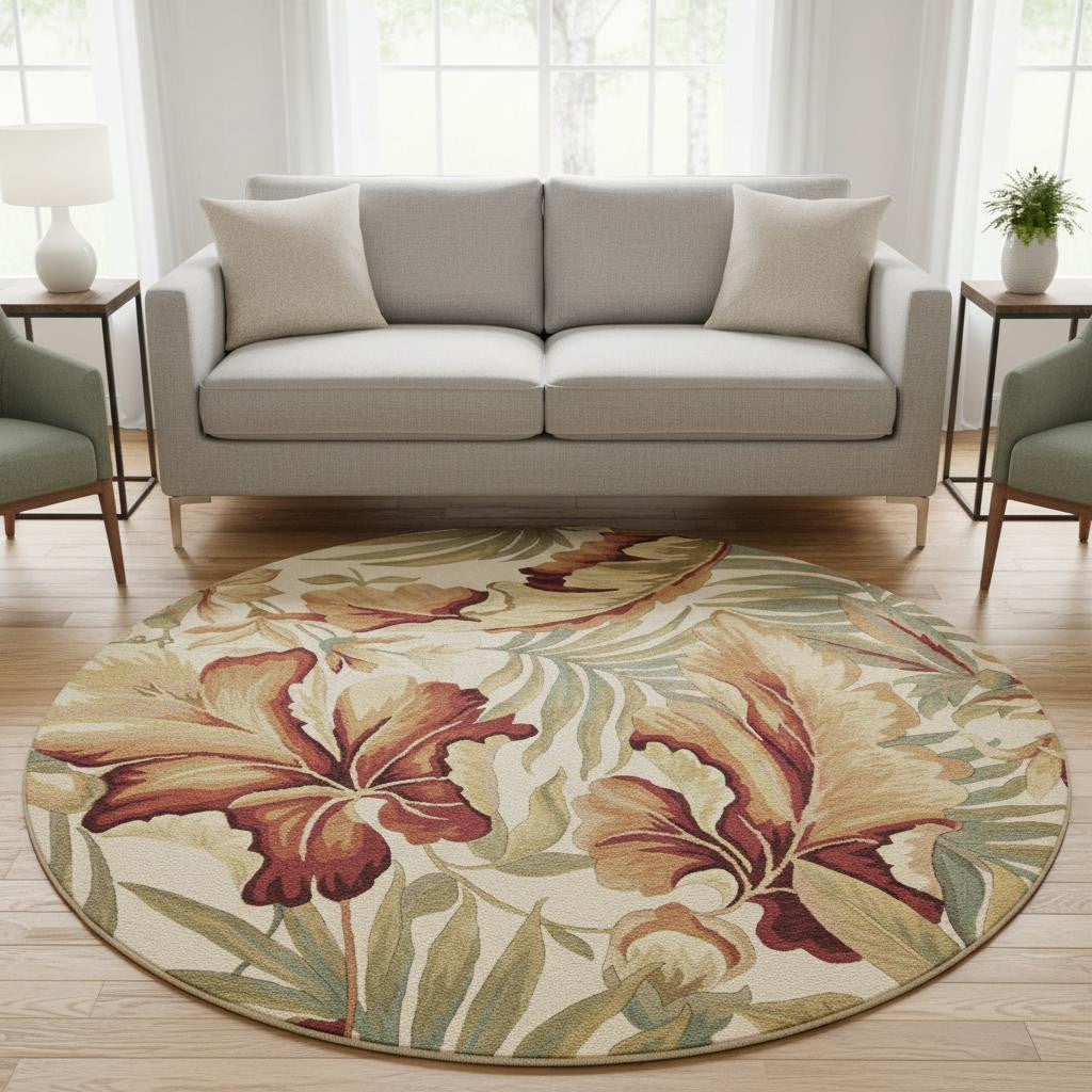 8' Ivory Green And Red Wool Tropical Botanical Hand Tufted Round Rug Homeroots Home Decor