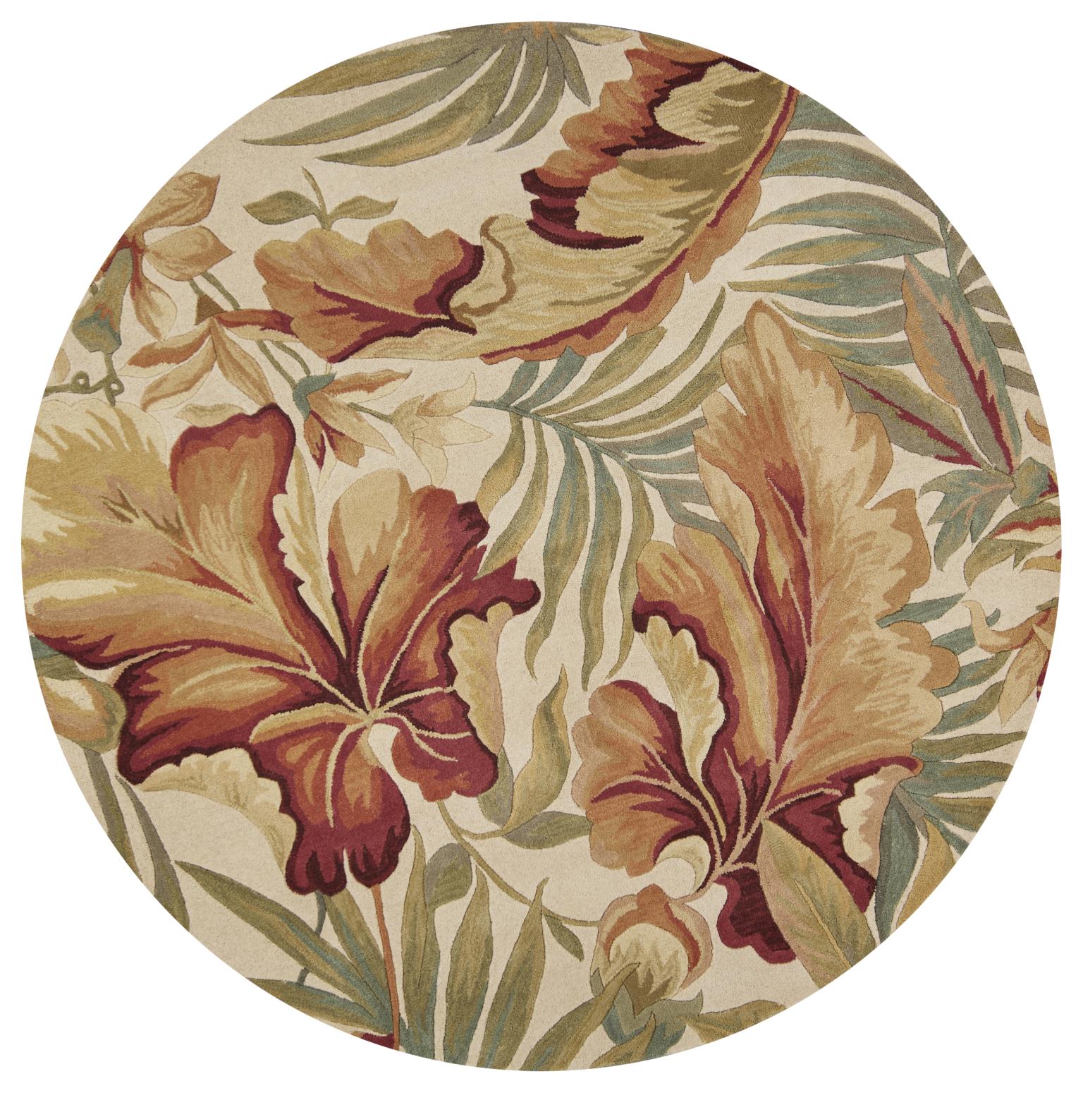 8' Ivory Green And Red Wool Tropical Botanical Hand Tufted Round Rug Homeroots Home Decor