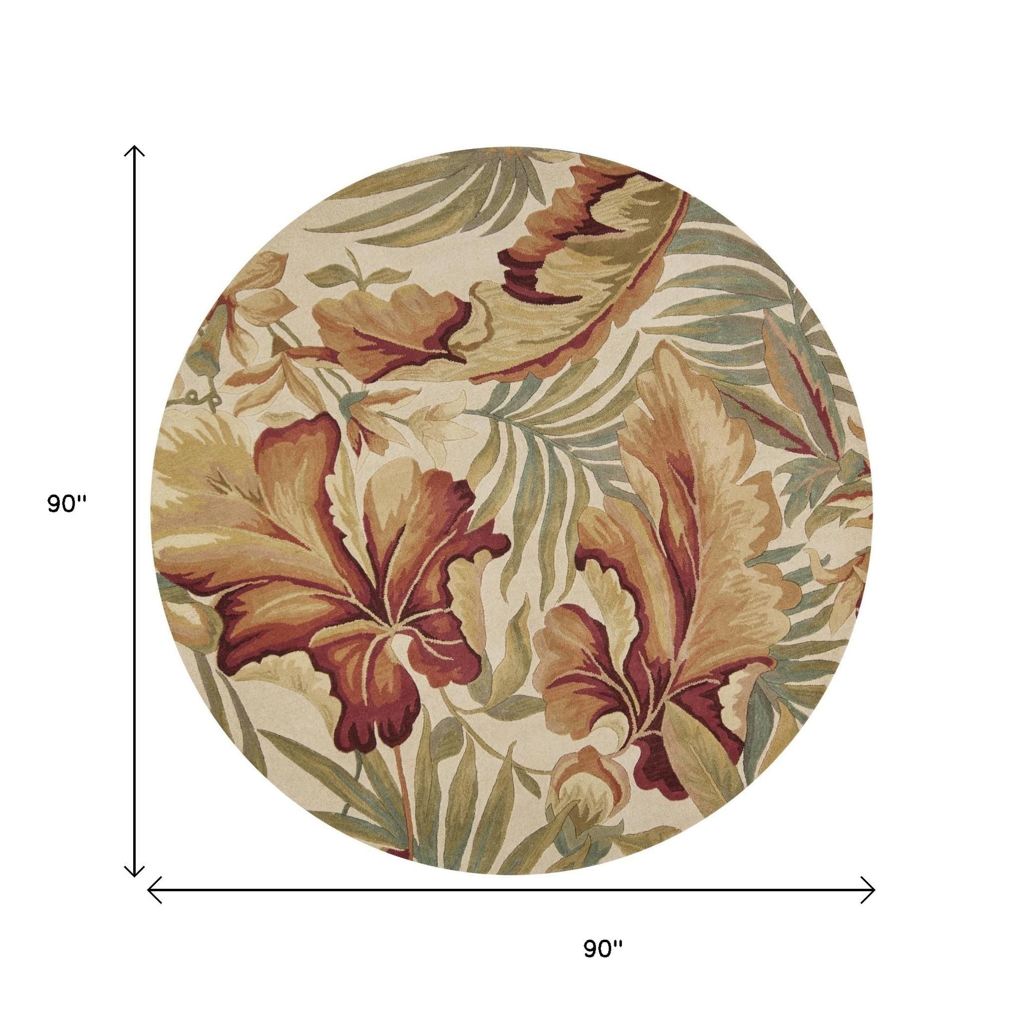 8' Ivory Green And Red Wool Tropical Botanical Hand Tufted Round Rug Homeroots Home Decor
