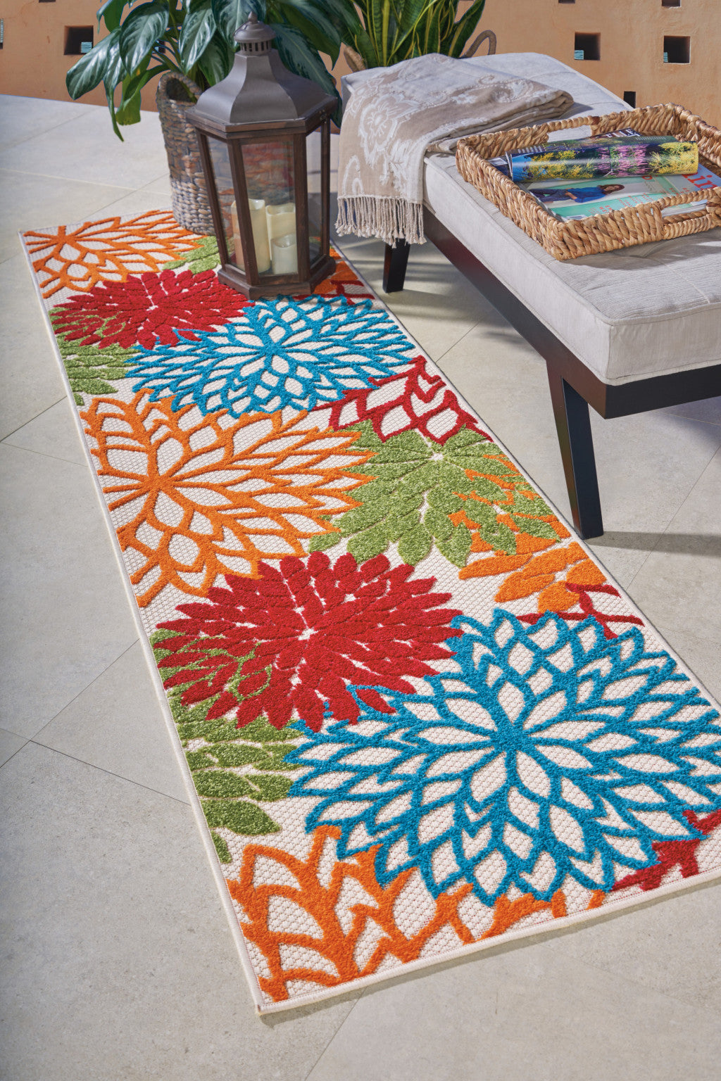 8' Ivory Green Blue Red And Orange Floral Indoor Outdoor Runner Rug Homeroots Outdoor