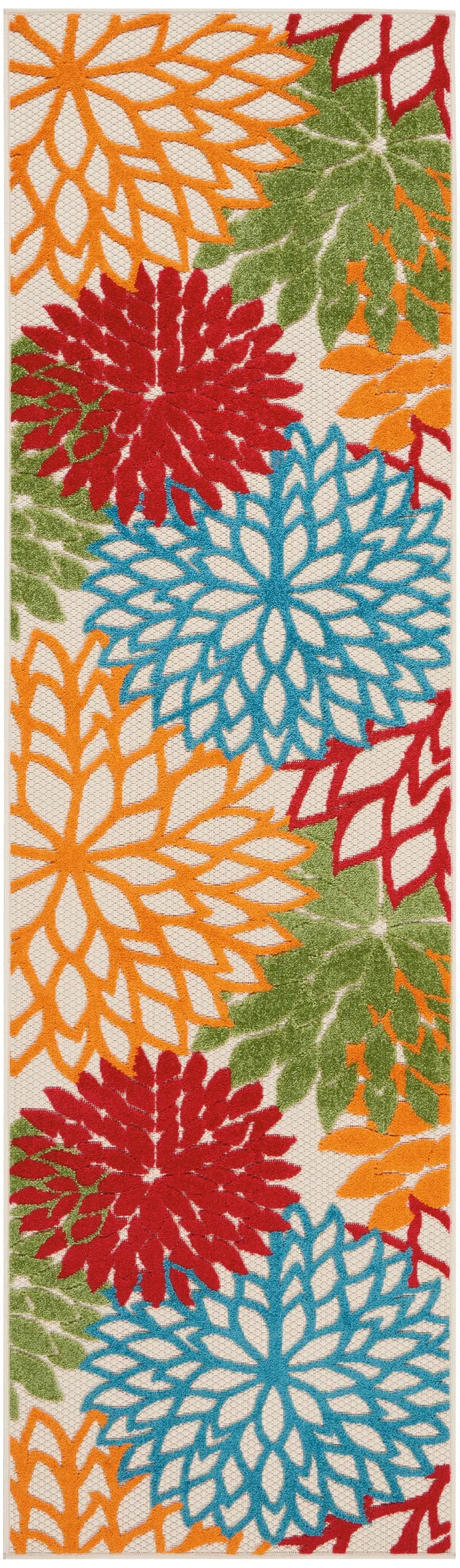 8' Ivory Green Blue Red And Orange Floral Indoor Outdoor Runner Rug Homeroots Outdoor