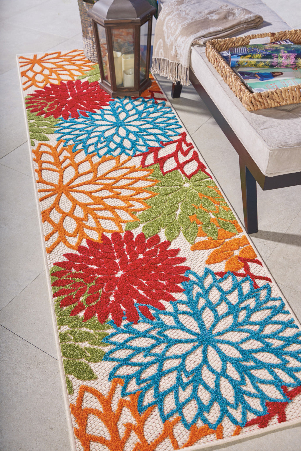 8' Ivory Green Blue Red And Orange Floral Indoor Outdoor Runner Rug Homeroots Outdoor