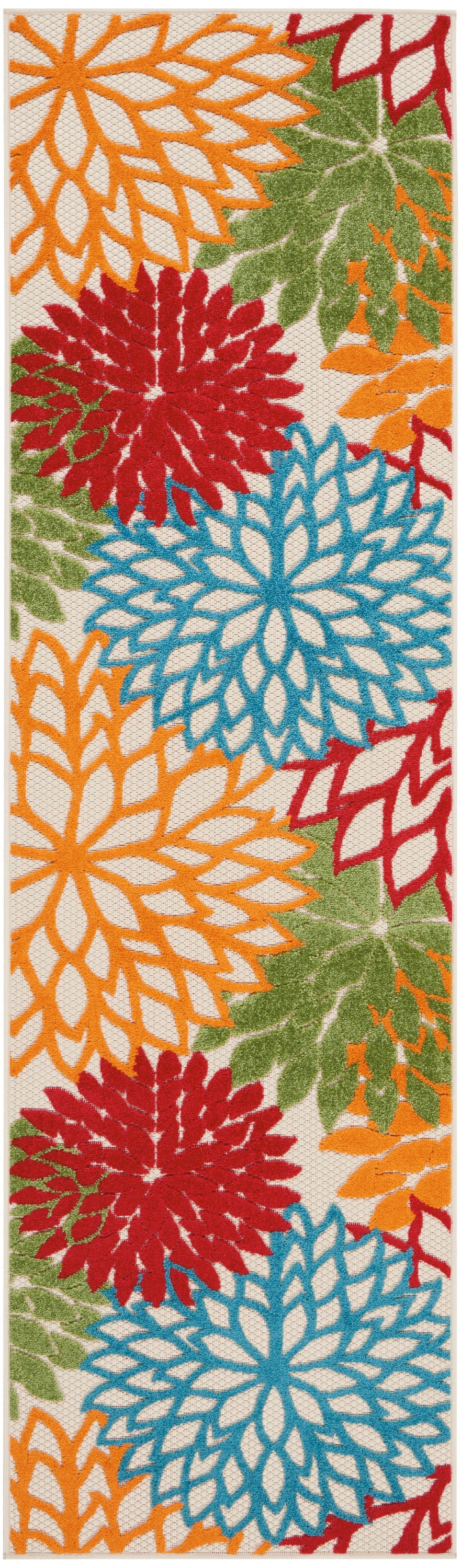 8' Ivory Green Blue Red And Orange Floral Indoor Outdoor Runner Rug Homeroots Outdoor