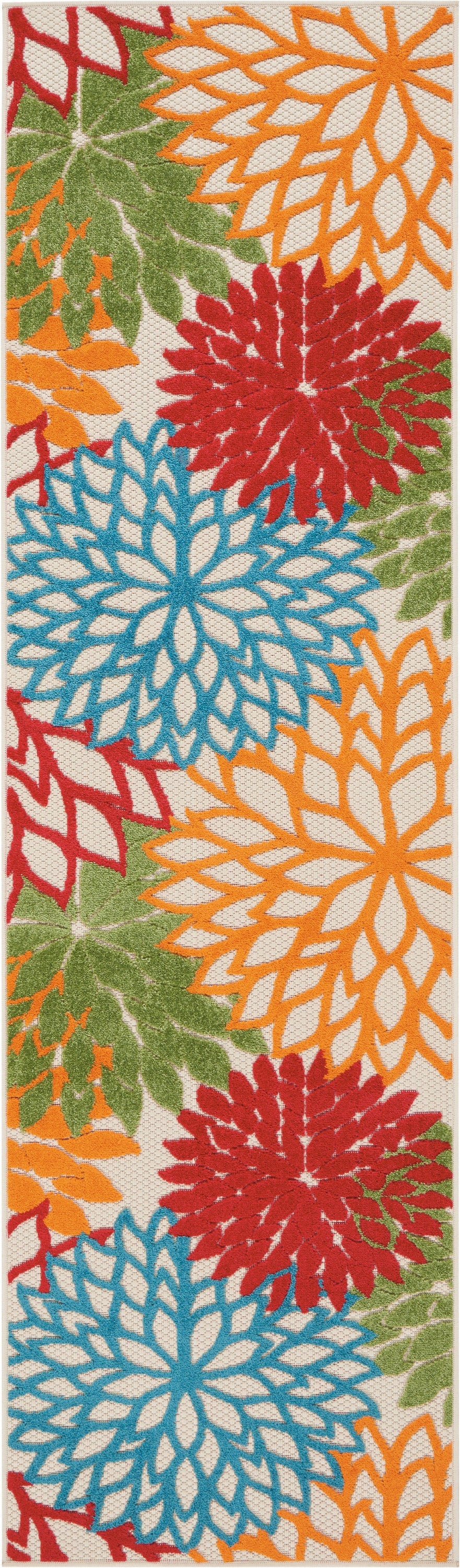 8' Ivory Green Blue Red And Orange Floral Indoor Outdoor Runner Rug Homeroots Outdoor