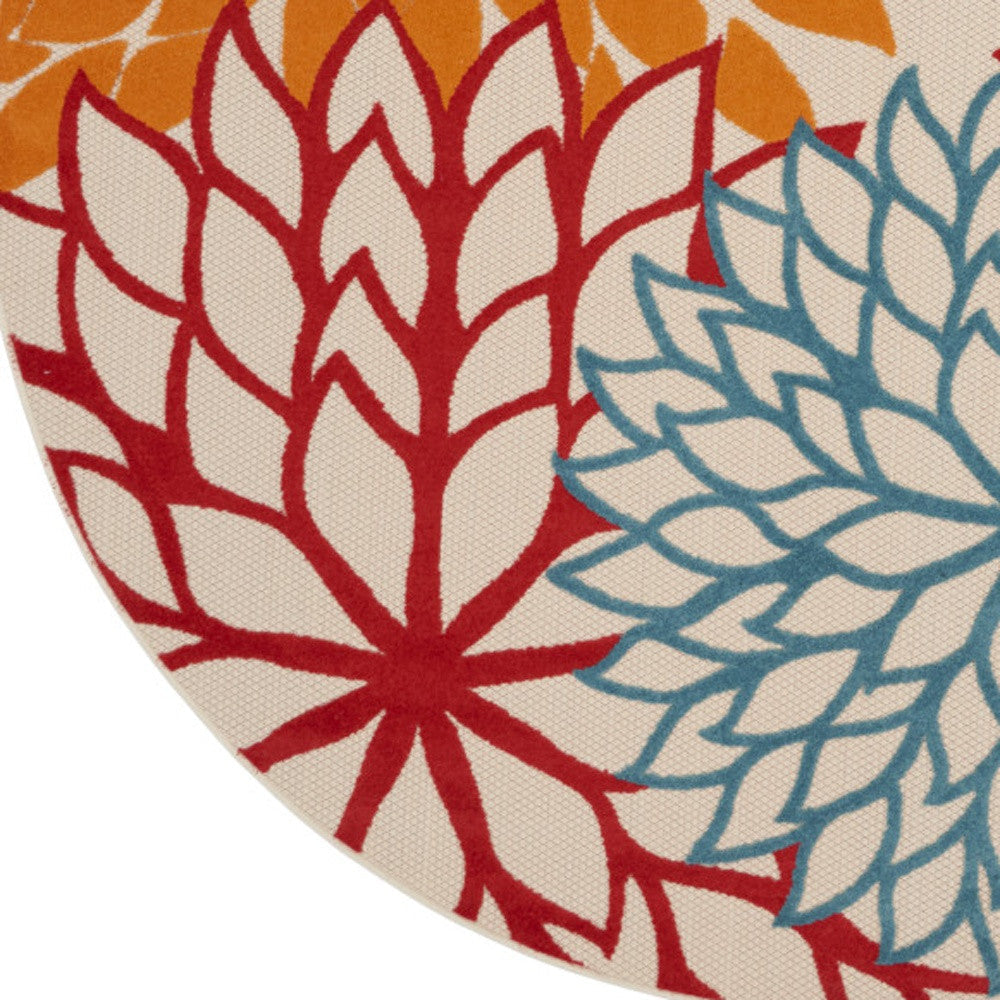 8' Ivory Green Blue Red And Orange Round Floral Indoor Outdoor Area Rug Homeroots Outdoor