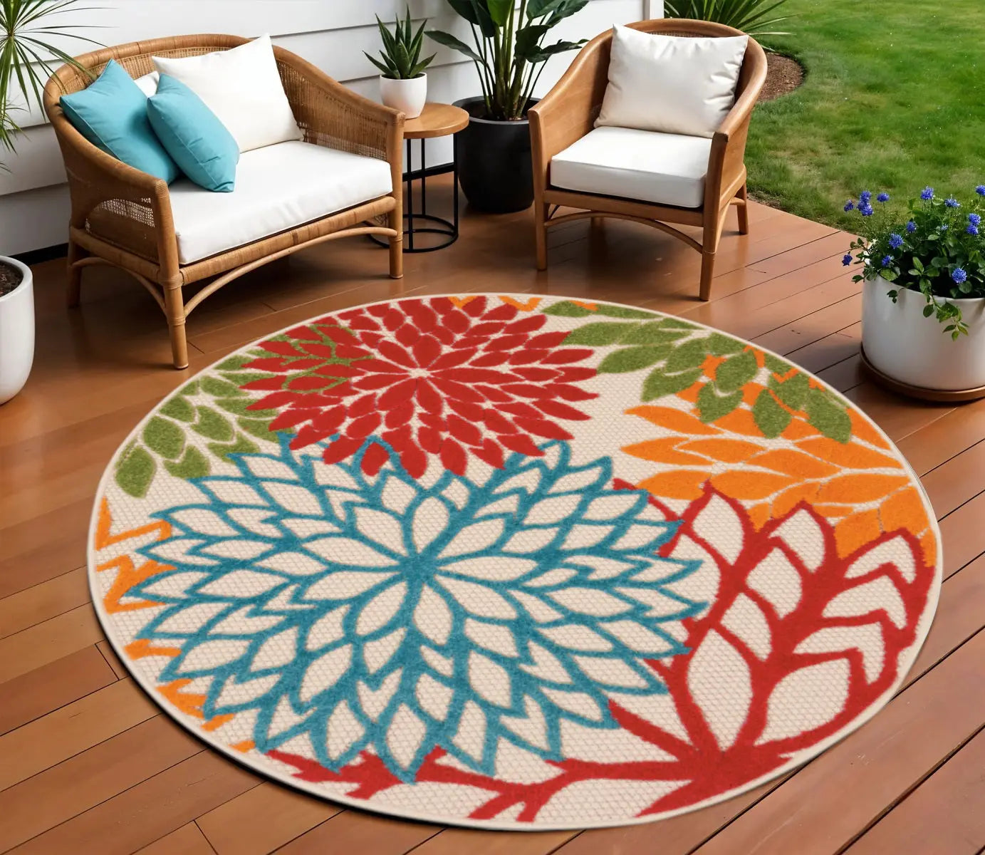 8' Ivory Green Blue Red And Orange Round Floral Indoor Outdoor Area Rug Homeroots Outdoor