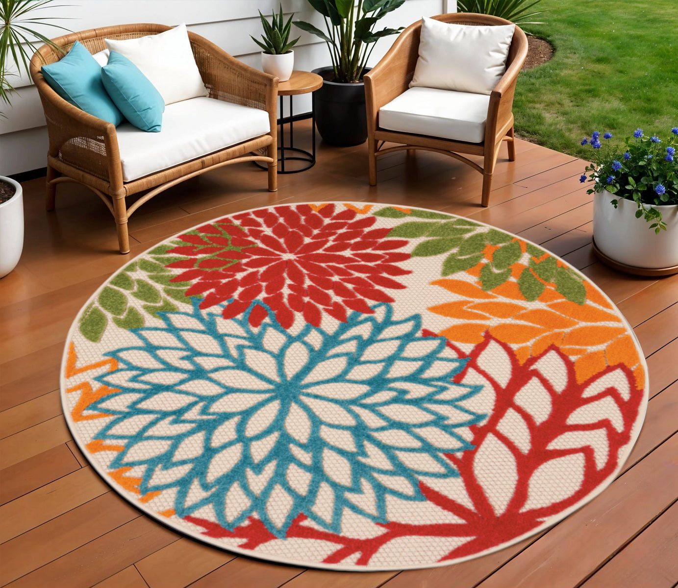 8' Ivory Green Blue Red And Orange Round Floral Indoor Outdoor Area Rug Homeroots Outdoor