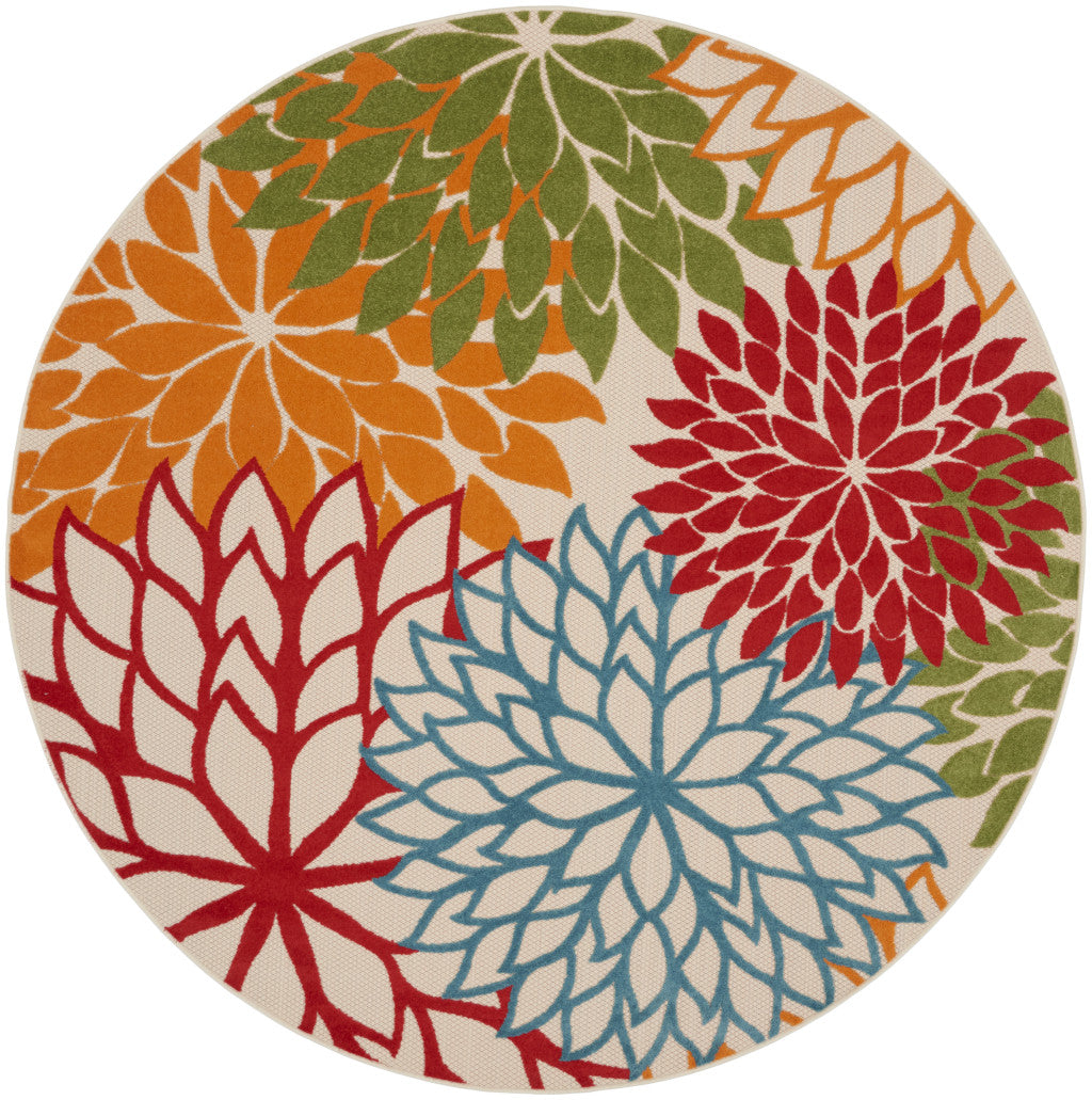 8' Ivory Green Blue Red And Orange Round Floral Indoor Outdoor Area Rug Homeroots Outdoor