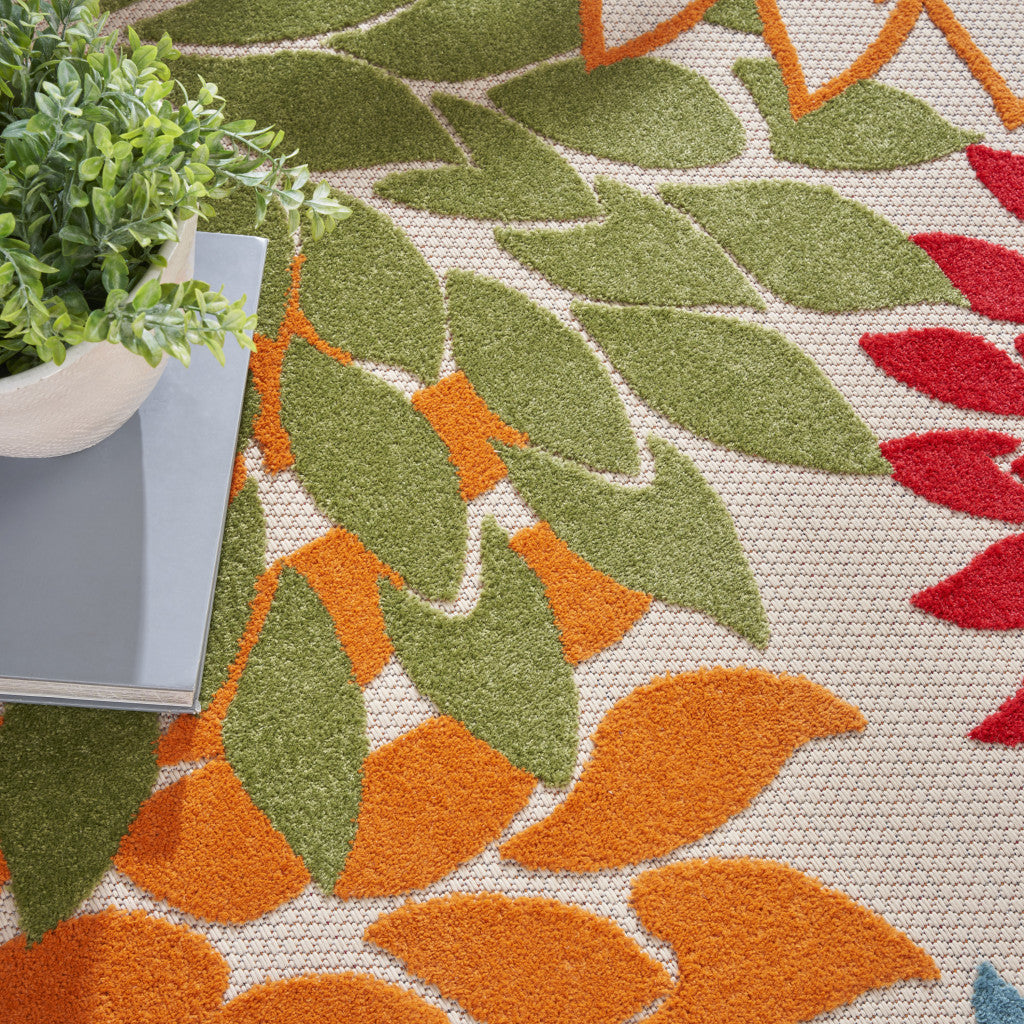 8' Ivory Green Blue Red And Orange Round Floral Indoor Outdoor Area Rug Homeroots Outdoor