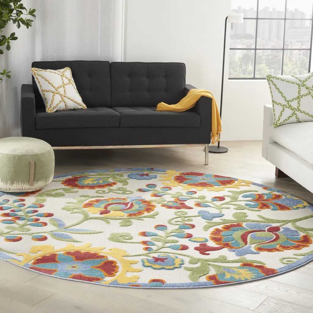 8' Ivory Green Red And Yellow Round Floral Indoor Outdoor Area Rug Homeroots Outdoor