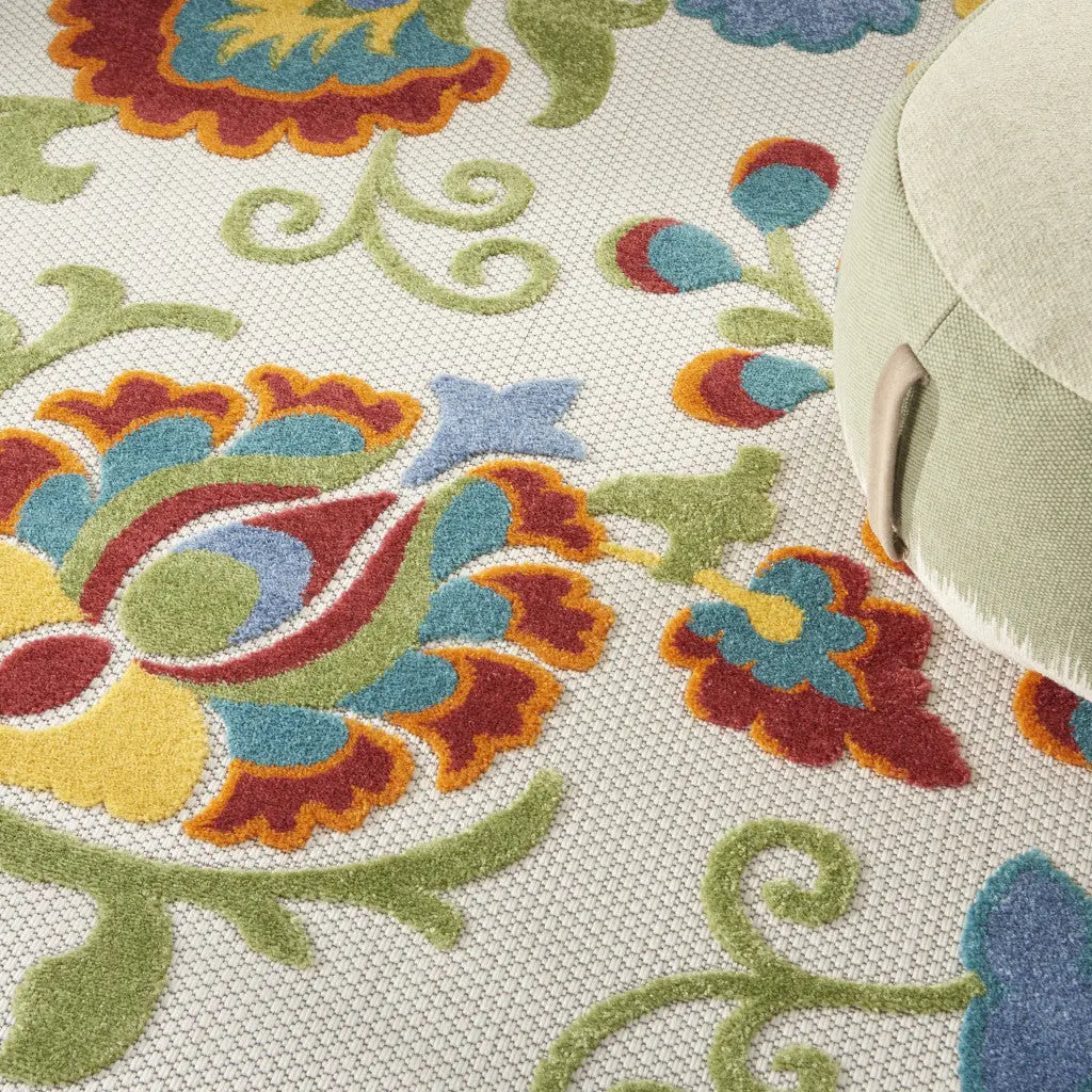 8' Ivory Green Red And Yellow Round Floral Indoor Outdoor Area Rug Homeroots Outdoor