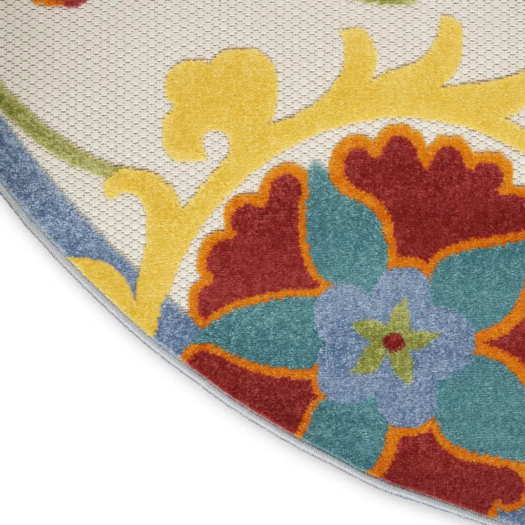 8' Ivory Green Red And Yellow Round Floral Indoor Outdoor Area Rug Homeroots Outdoor