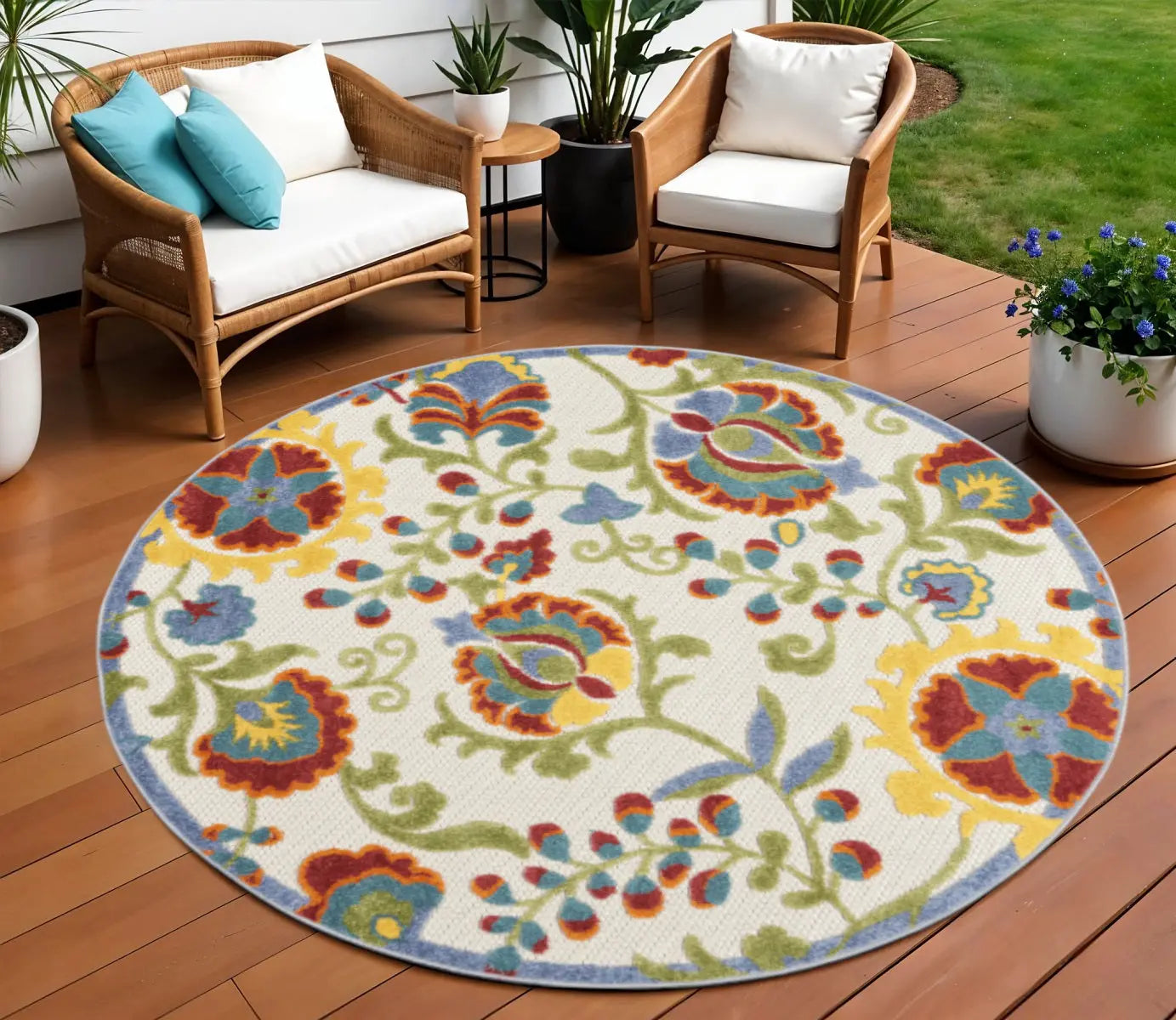 8' Ivory Green Red And Yellow Round Floral Indoor Outdoor Area Rug Homeroots Outdoor
